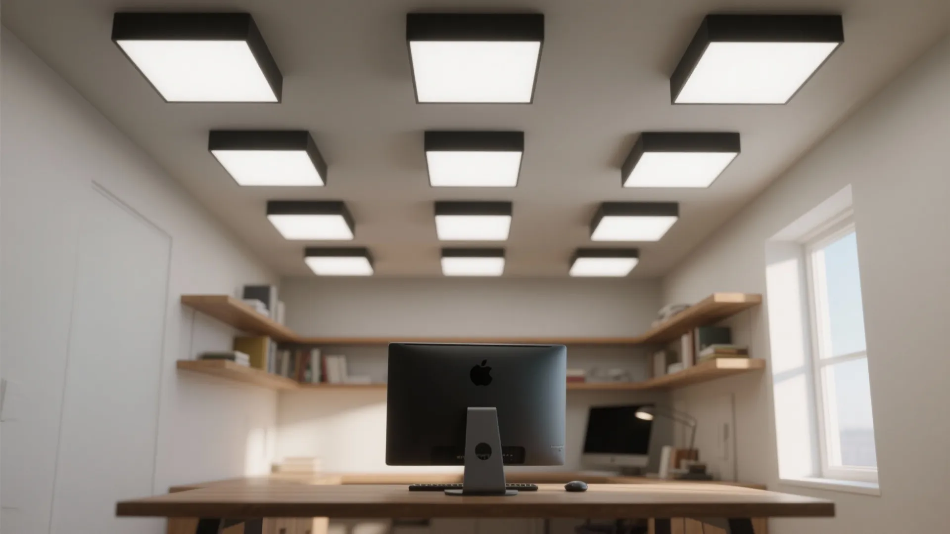 Interior design drawing of home office with computer desk and many square ceiling light fixtures