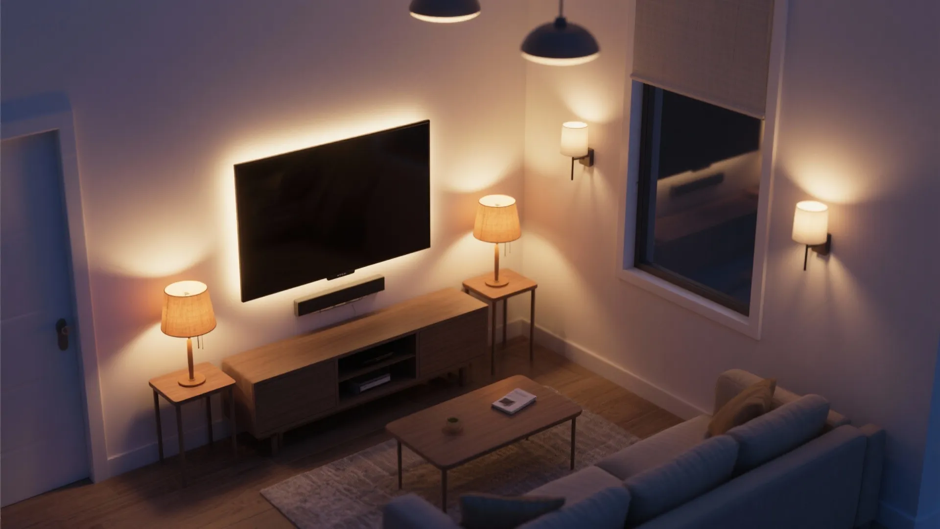 Modern living room with a television, table lamps, wall lights, and cozy warm yellow lighting