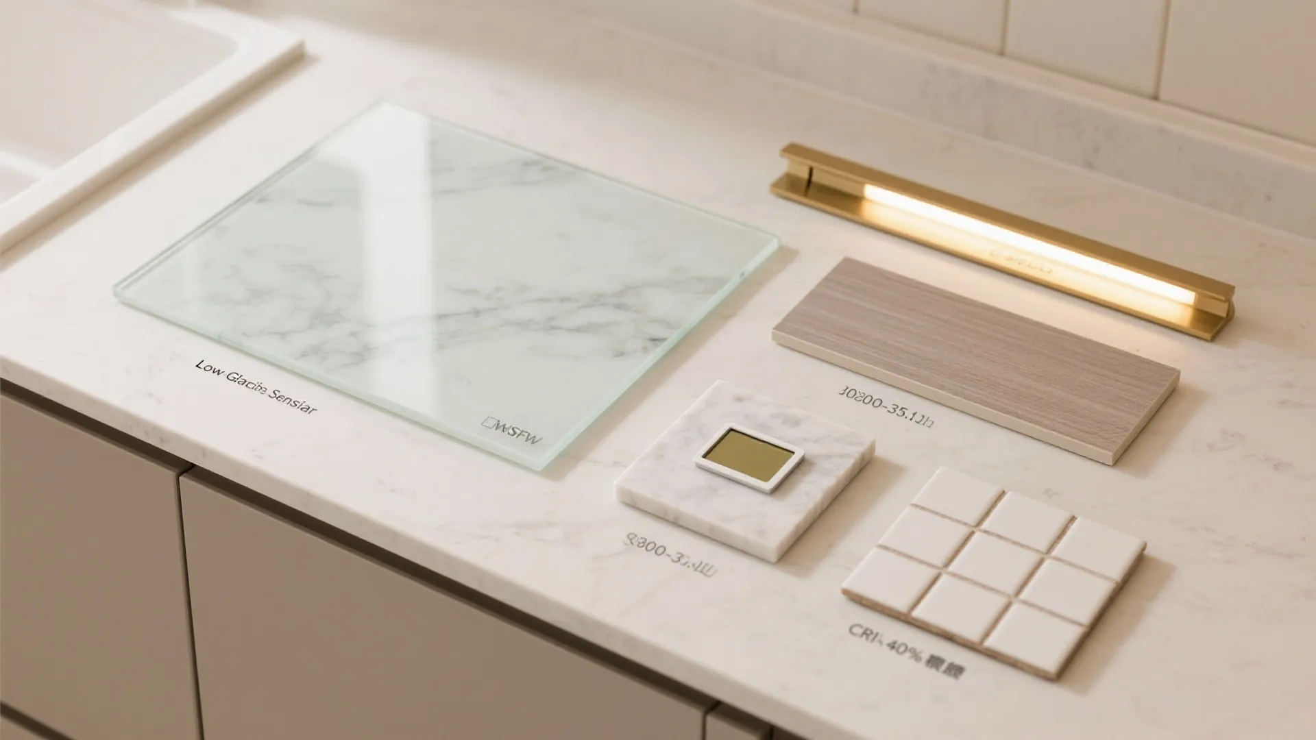 2) Glass backsplashes and anti-glare lighting