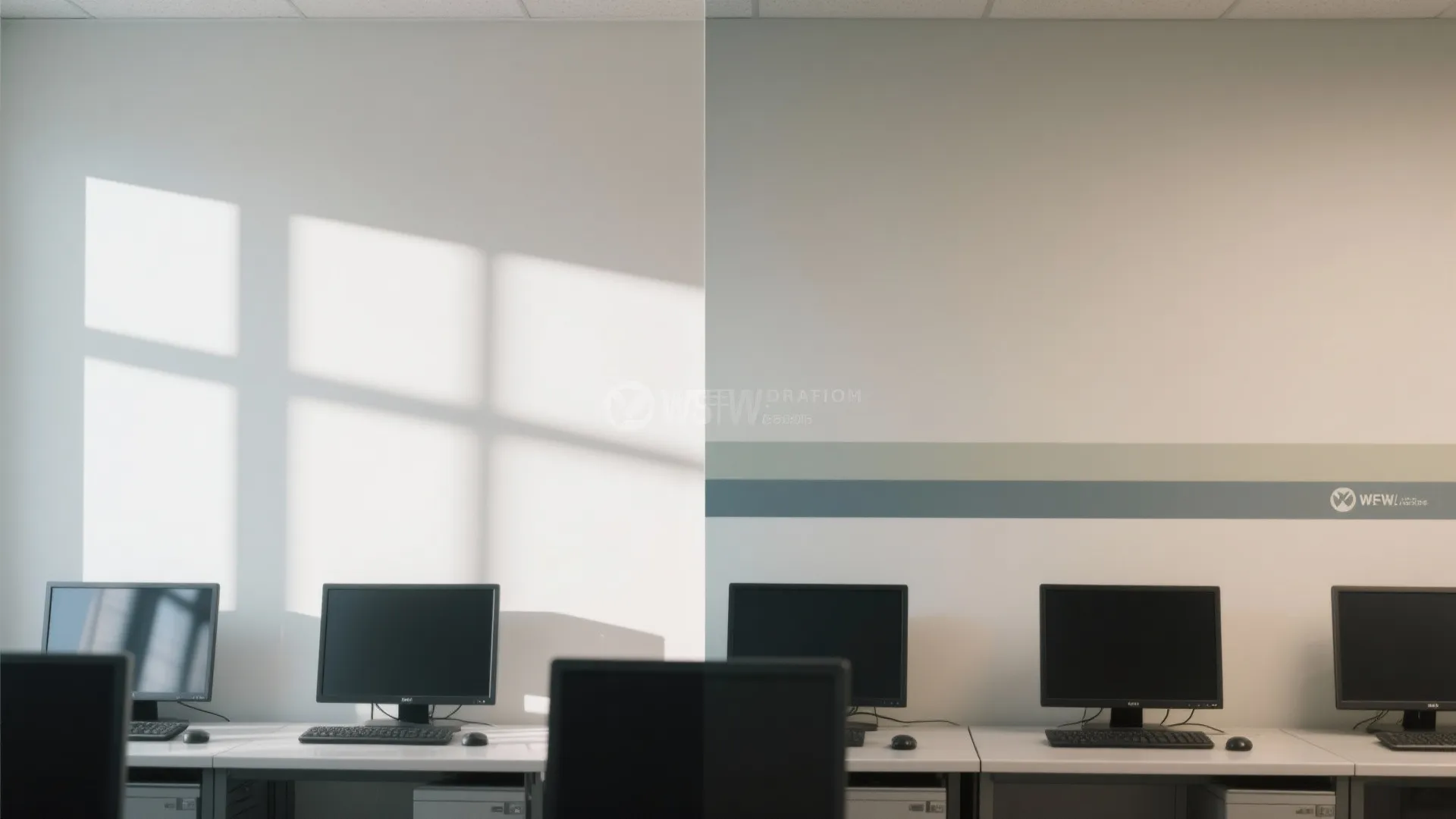 Split view of glossy glare versus matte low-sheen neutral walls with a muted color band behind monitors.