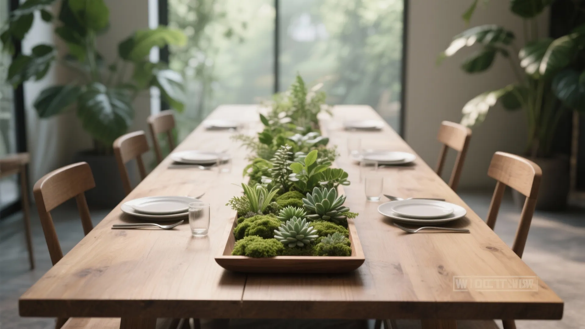 Long wooden dining table featuring a green plant centerpiece with moss and white plates and glasses
