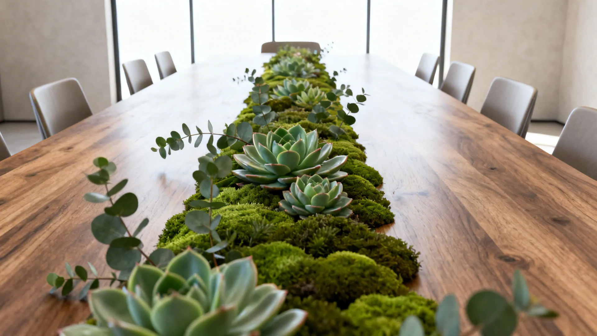 Long dining table with a low green runner of succulents and preserved moss keeping sightlines open