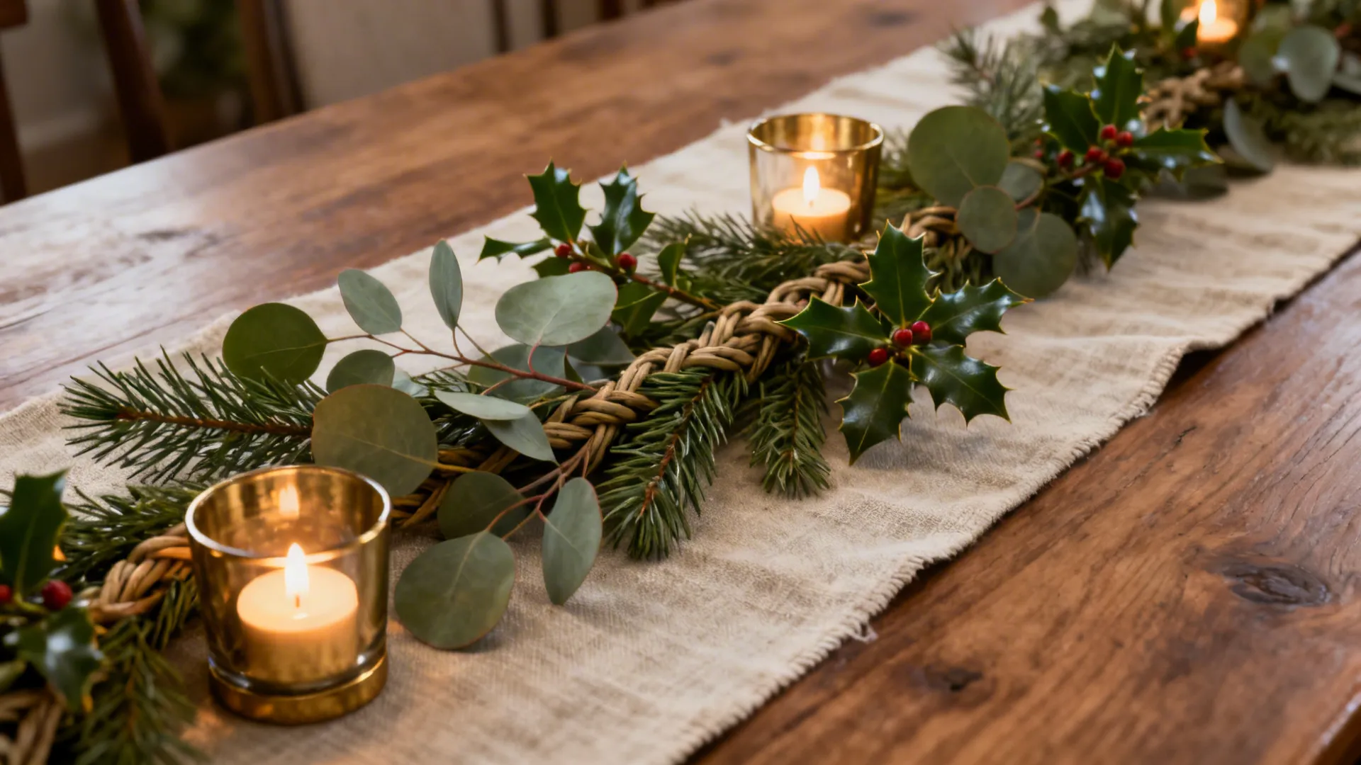 Wooden dining table with fabric runner, green leaves, red berries, and lit candles in glass