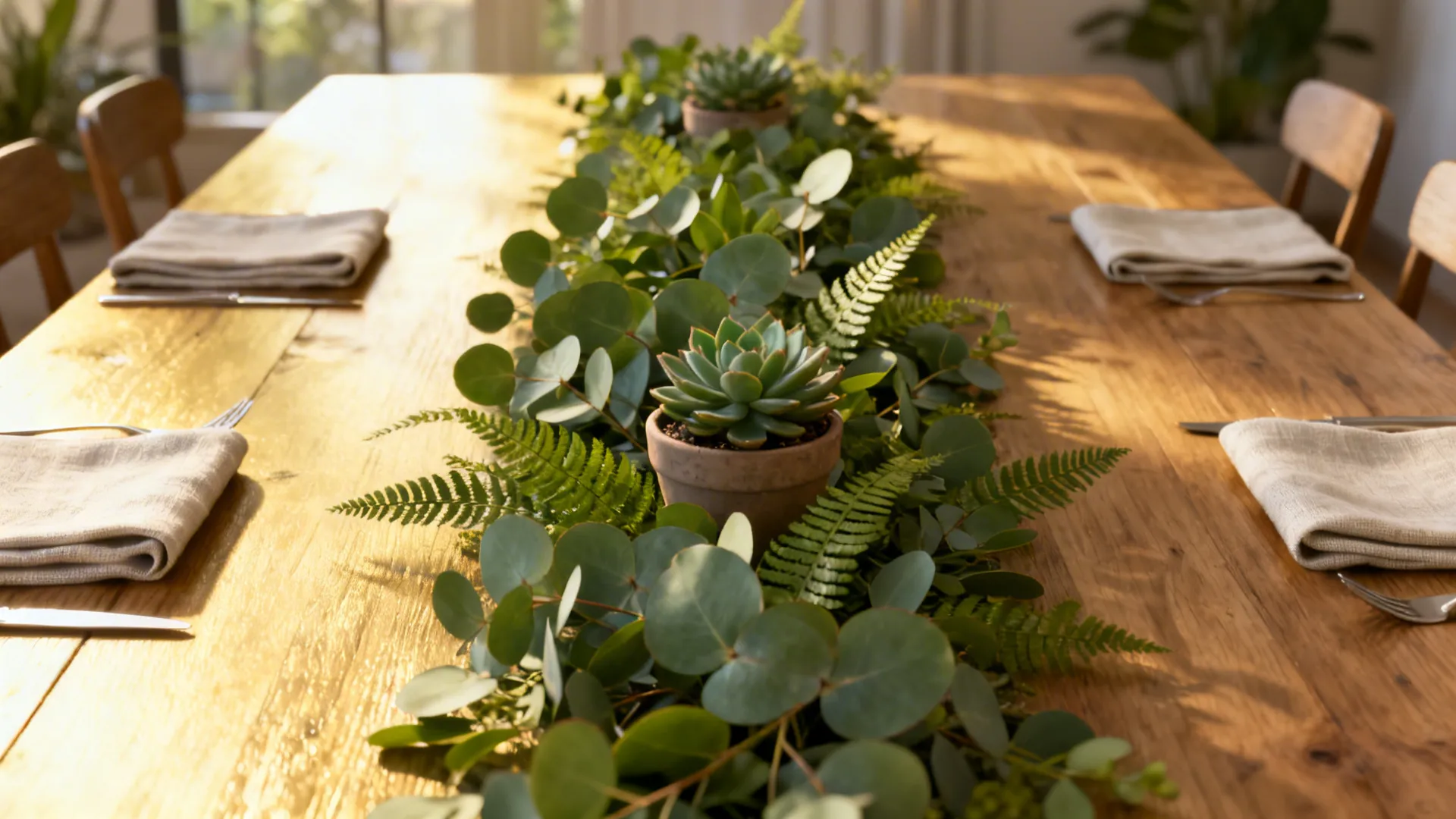 Wooden dining table decorated with green leafy runner small potted succulents ferns and cloth napkins
