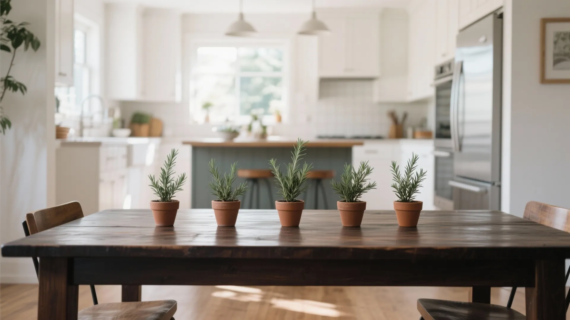 Five small green plants in brown clay pots lined up on dark wooden dining table