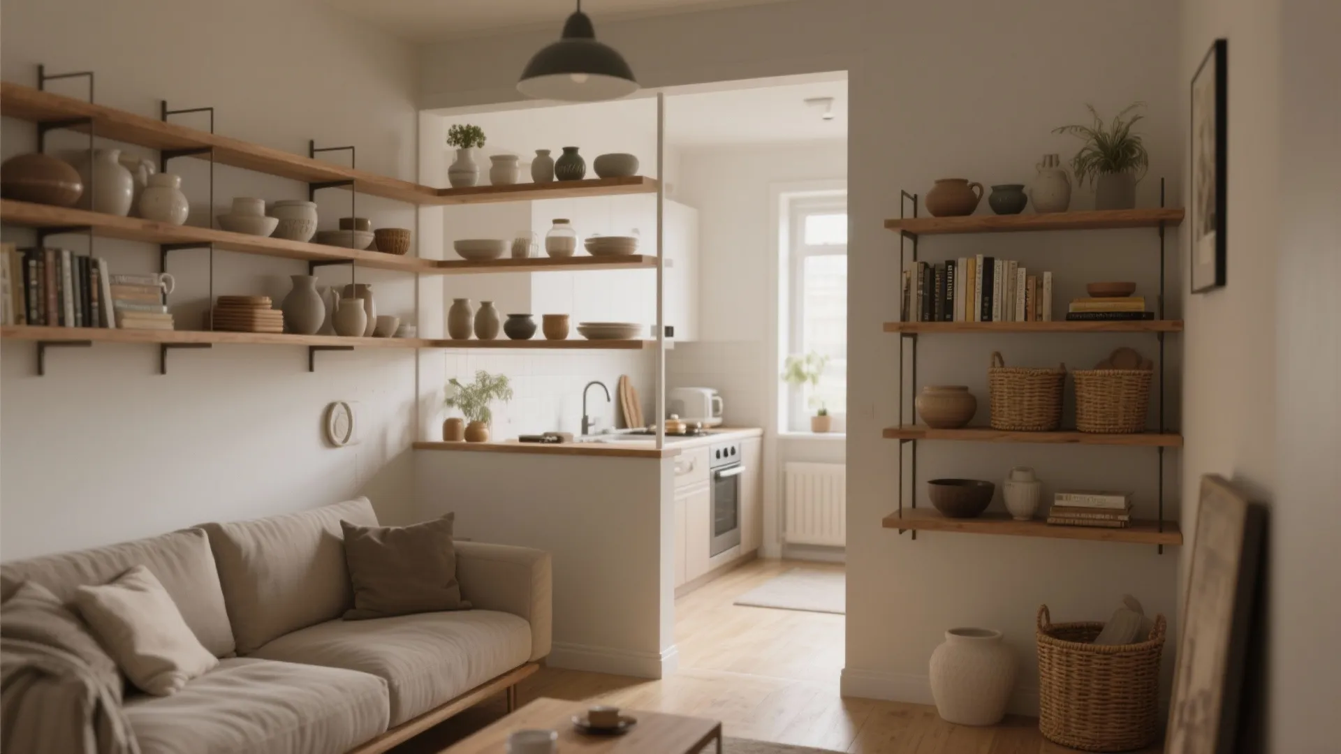 Low Half Wall with Open Shelving