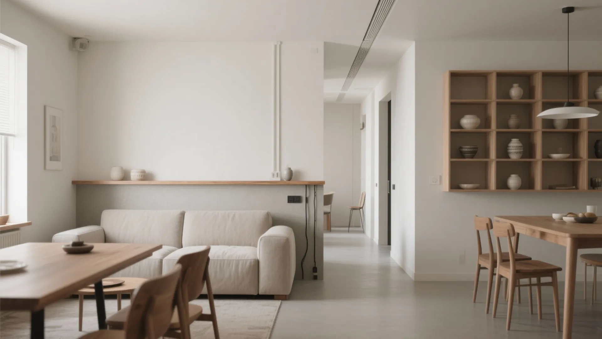 Minimalist living room with beige sofa wood dining table wall shelf and light colored walls