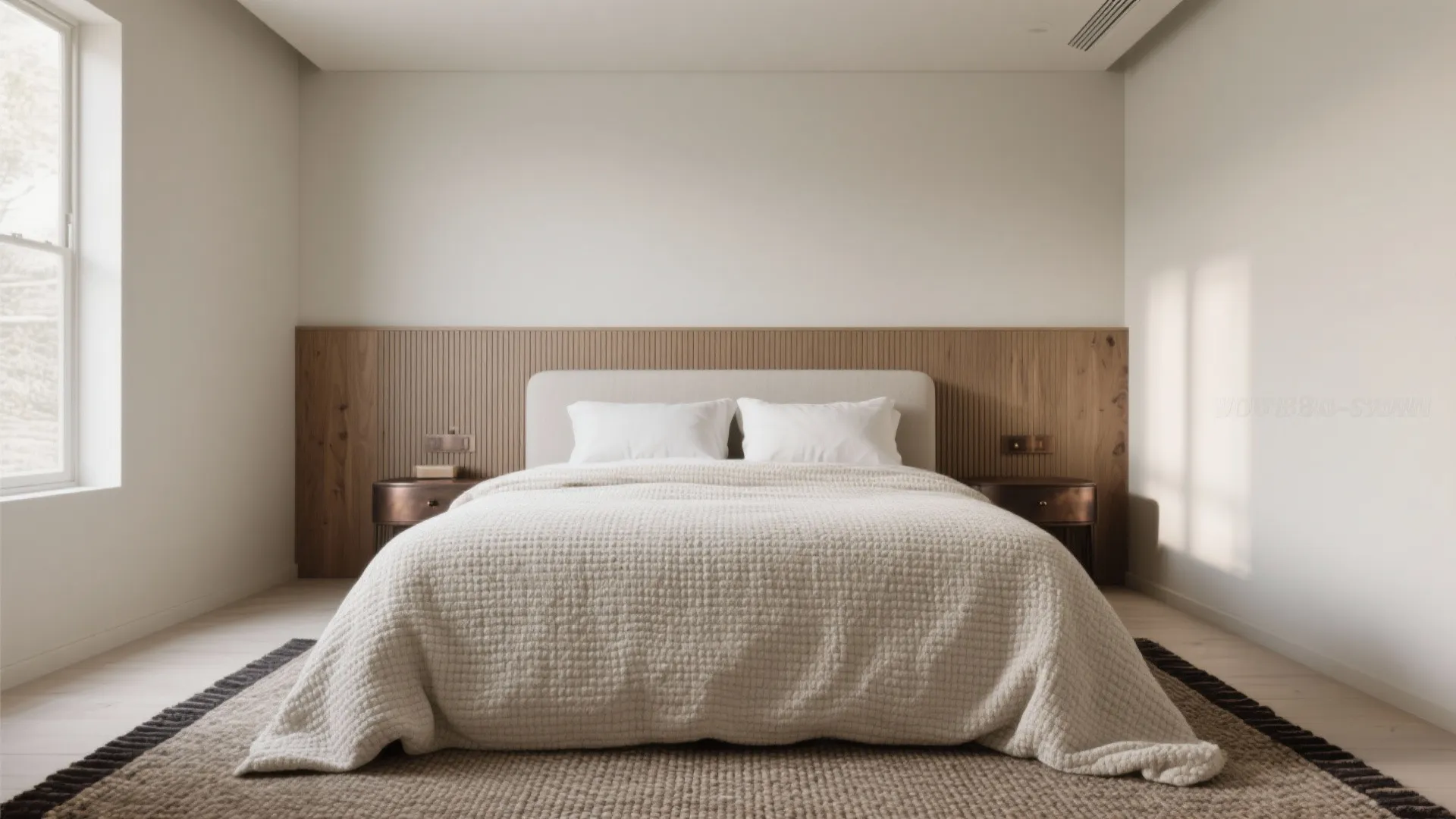 Light palette, big texture, and a low headboard