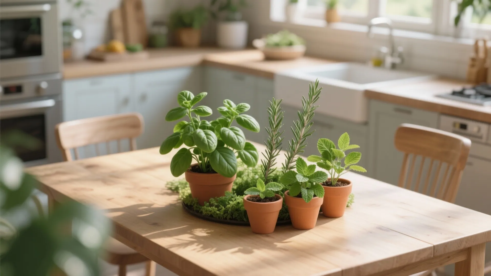 Small herb garden in clay pots on a wooden dining table in a bright kitchen