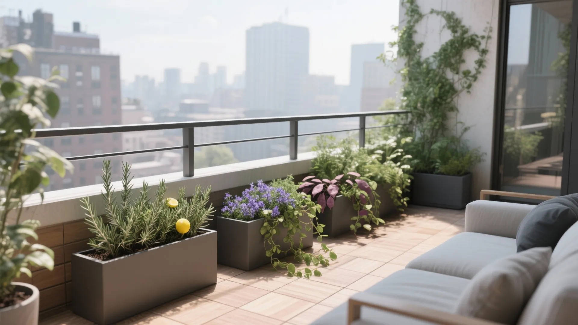 Balcony with low floor planters and slim rail troughs creating layered depth and privacy.