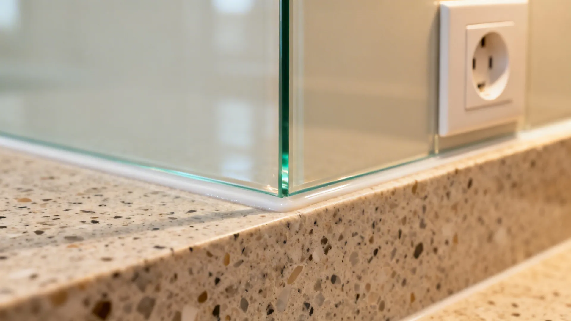 Macro of low-iron tempered glass backsplash with clean silicone seal at the counter.