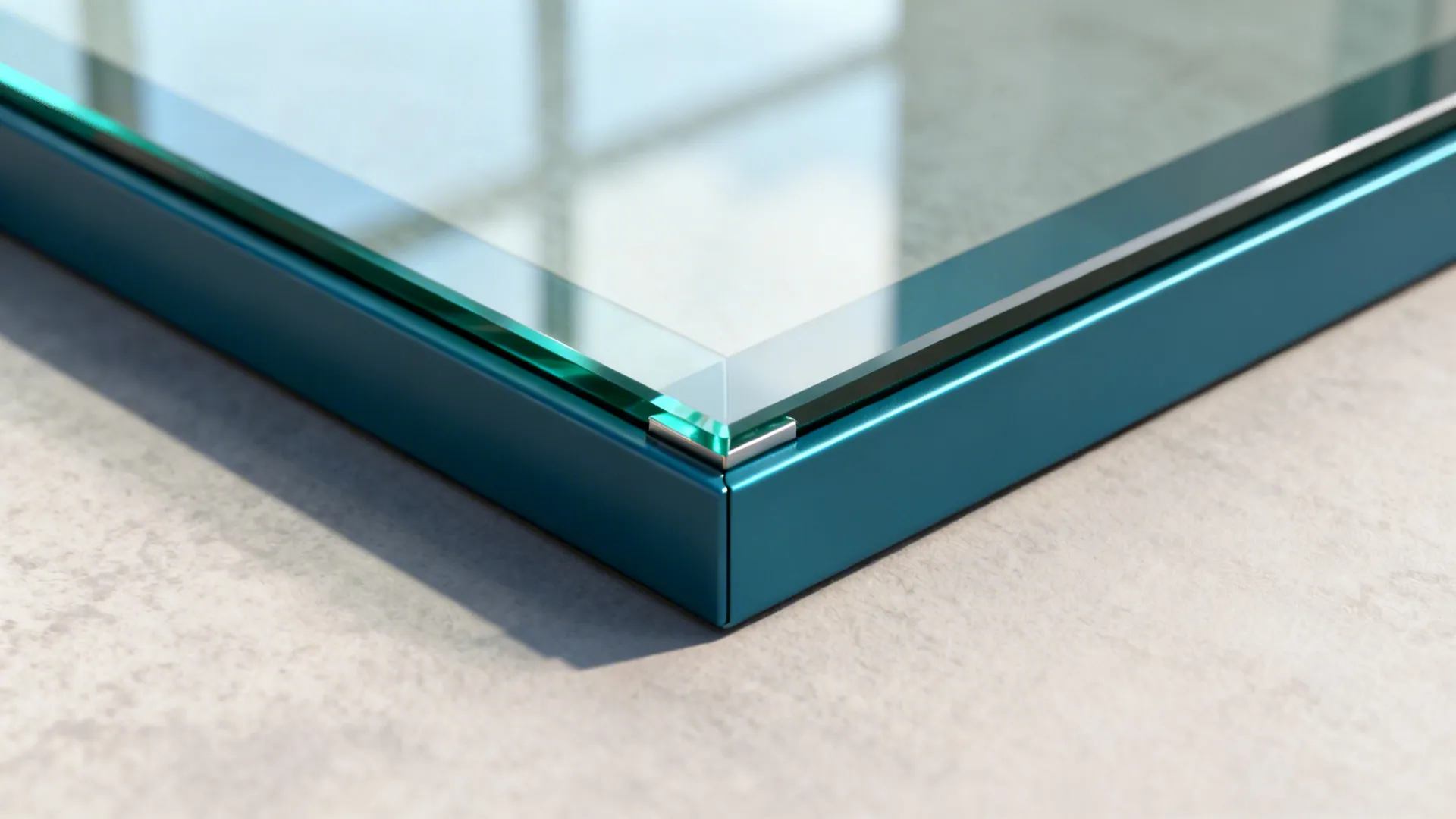 Close-up of petrol-blue powder-coated frame with clear low-iron glass and clean edge pull.