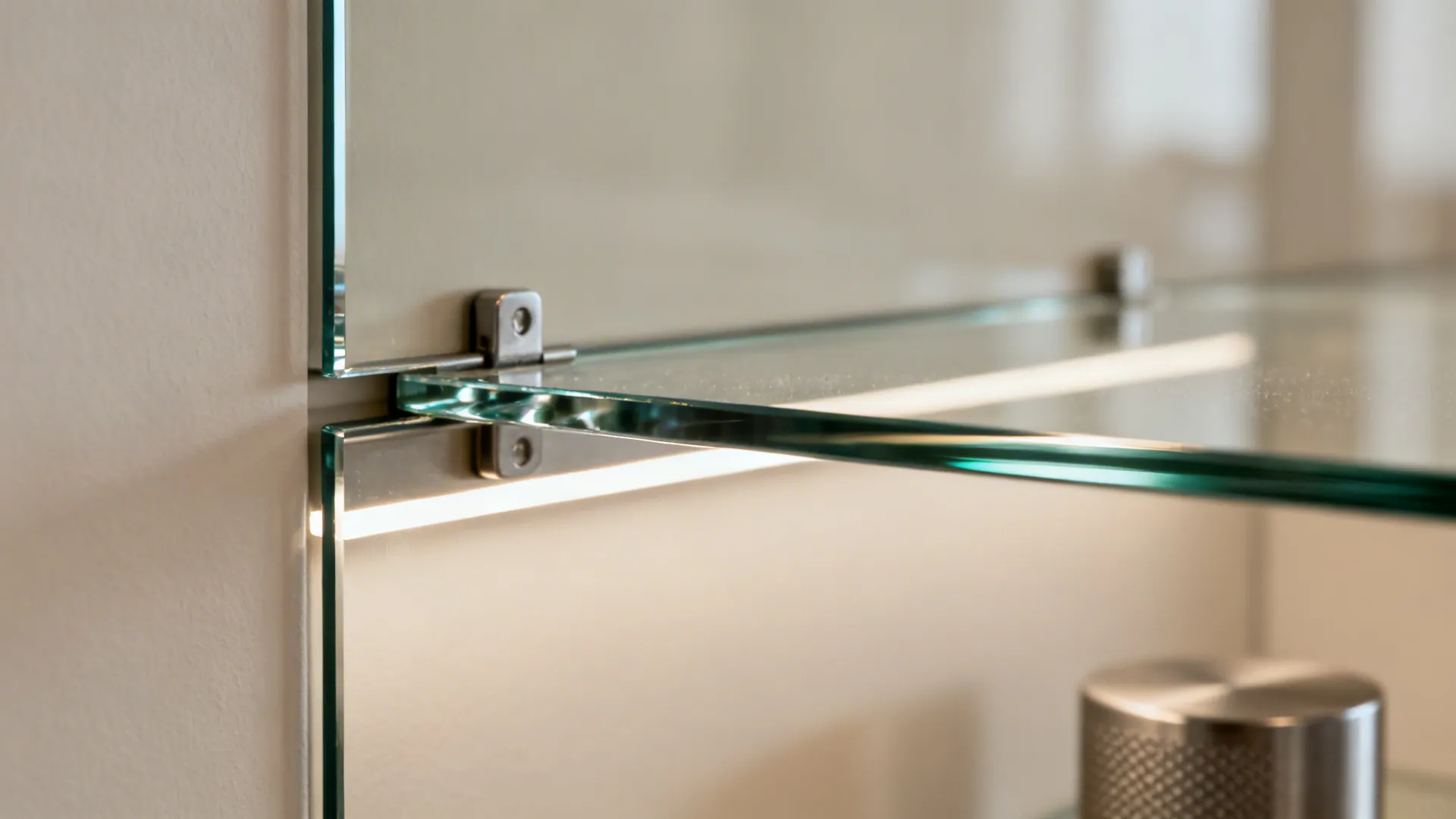 Close-up of low-iron tempered glass door with polished edge and soft shelf lighting.