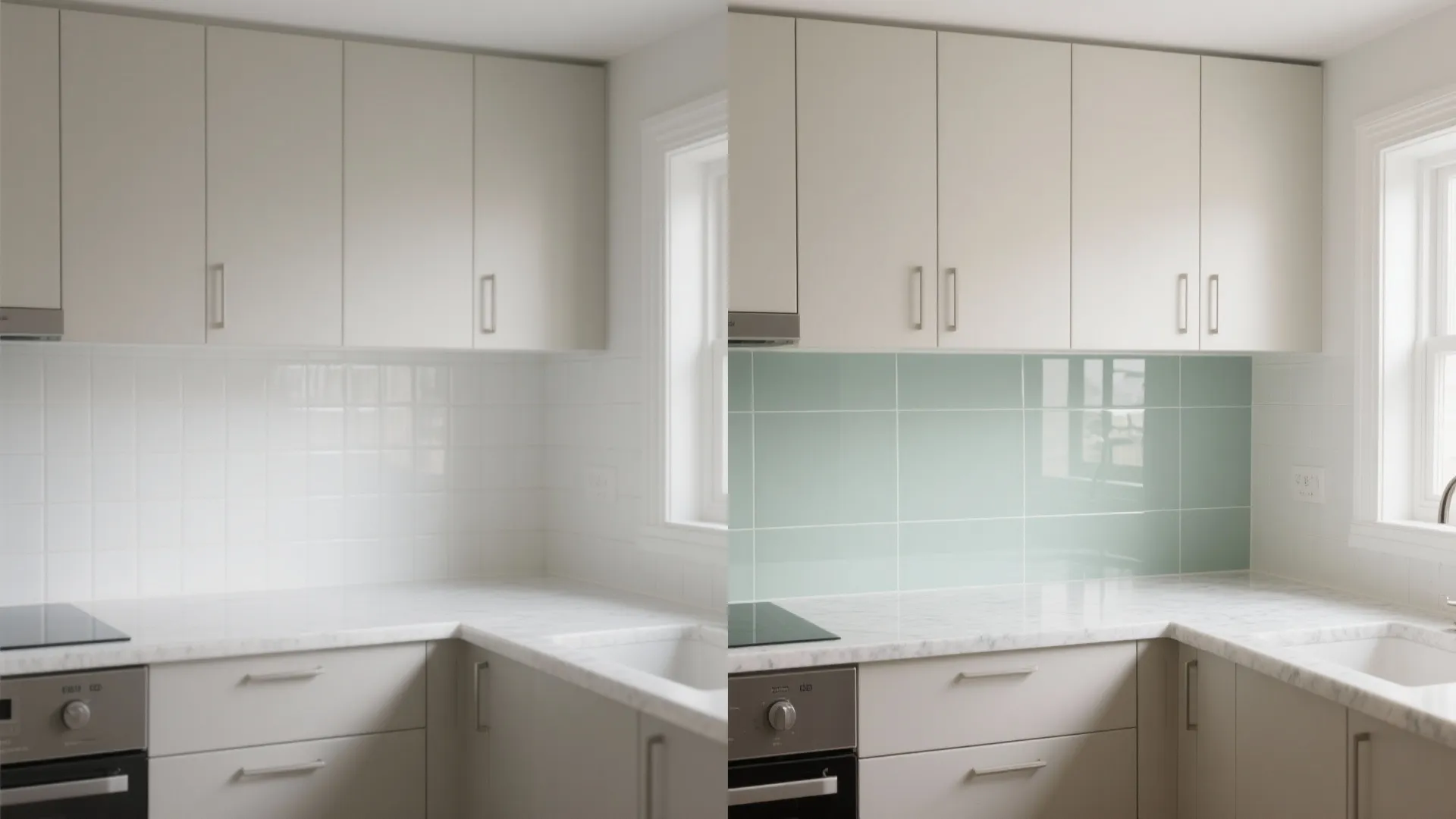 Before and after comparison of kitchen wall tiles changing from plain white to mint green