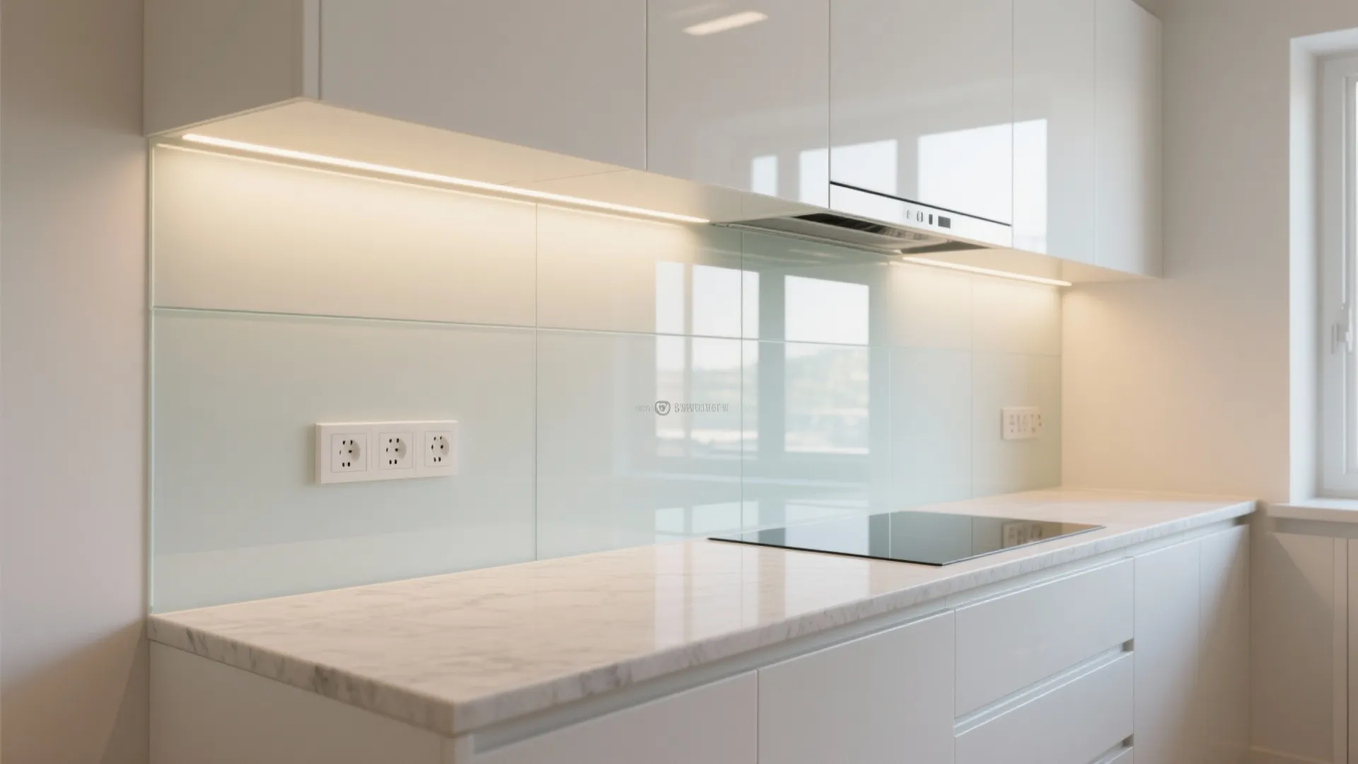 Glass backsplash for depth and easy cleanup