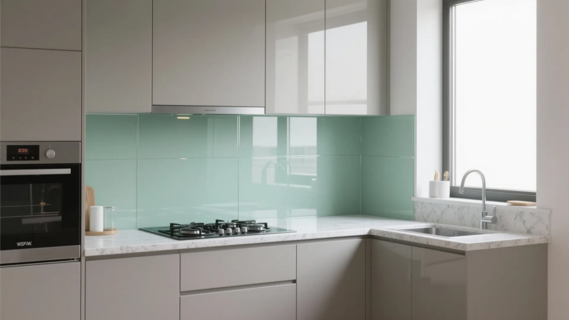 Glass backsplash for depth and clean-up ease