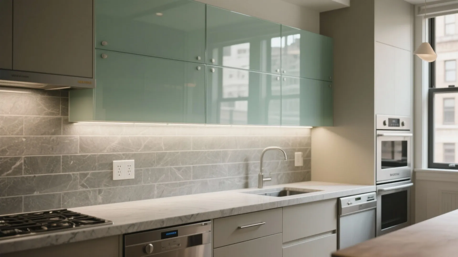 Glass backsplash for light and clarity