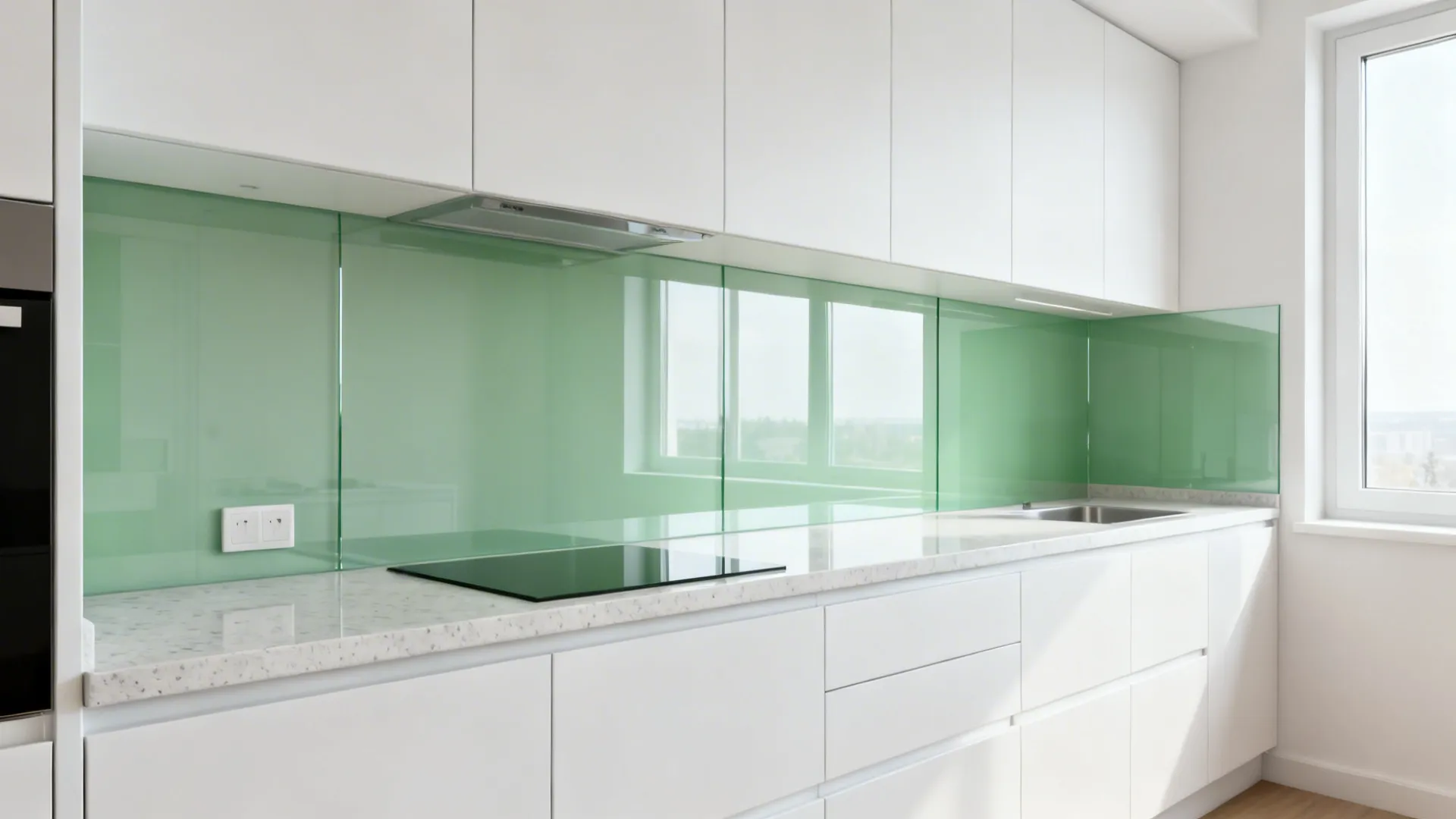 Small modern kitchen with low-iron glass backsplash reflecting soft daylight.