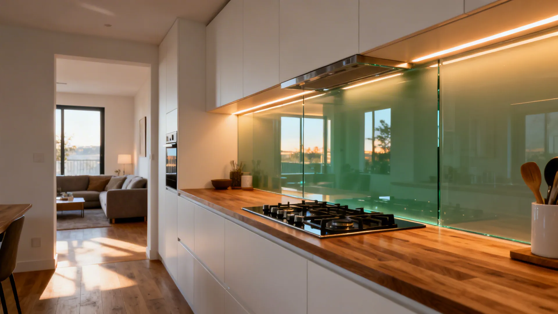 Low-iron glass backsplash reflecting light in a small open kitchen with warm oak accents.