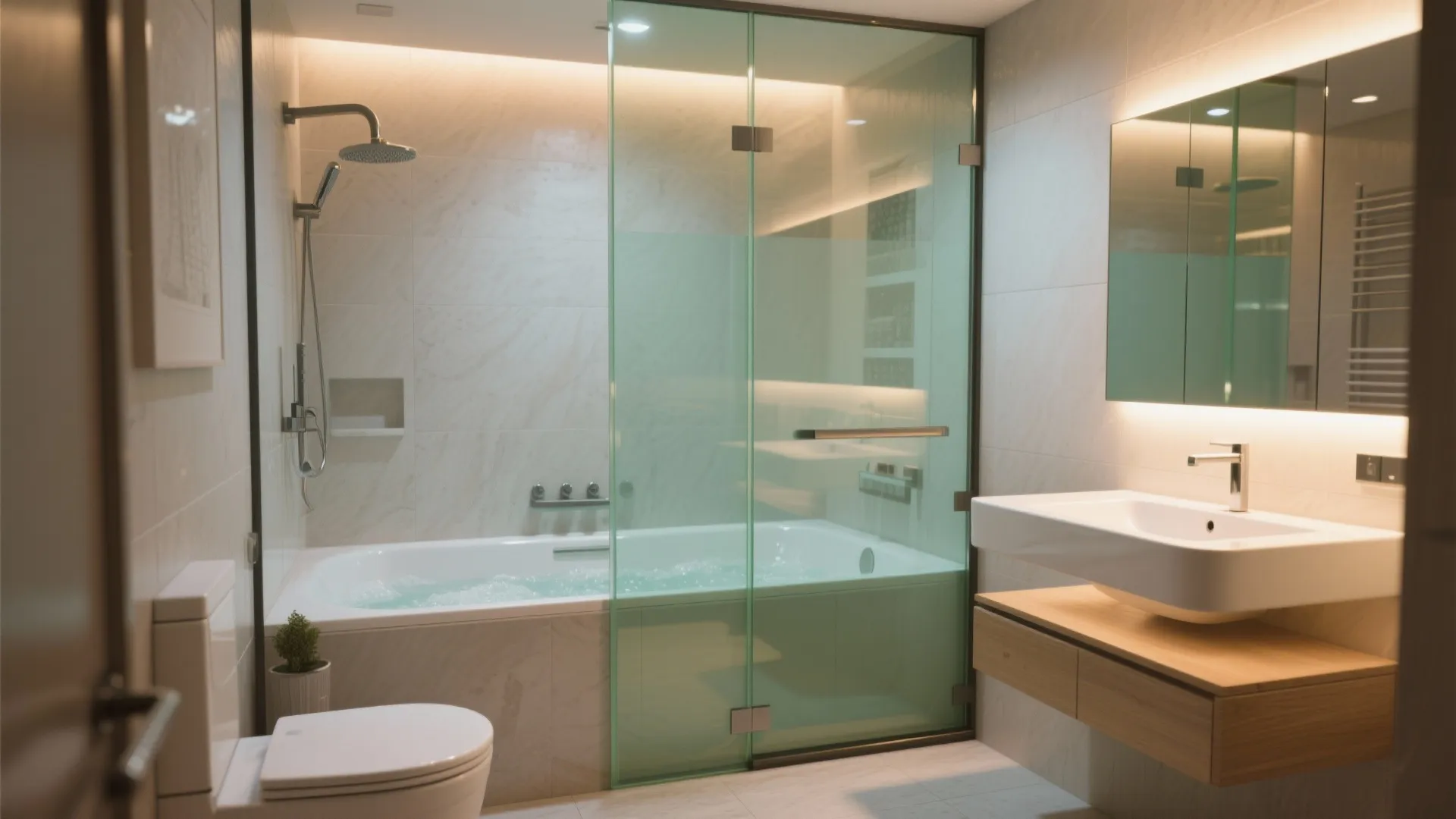 Jacuzzi tub with a frameless low-iron tempered glass partition keeping the tiny bathroom open and bright.
