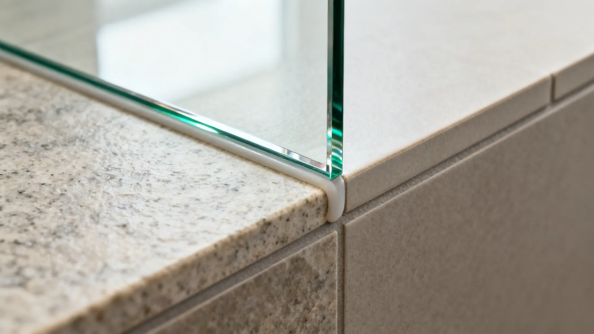 Macro of low-iron glass backsplash edge aligned with a stone-look countertop.