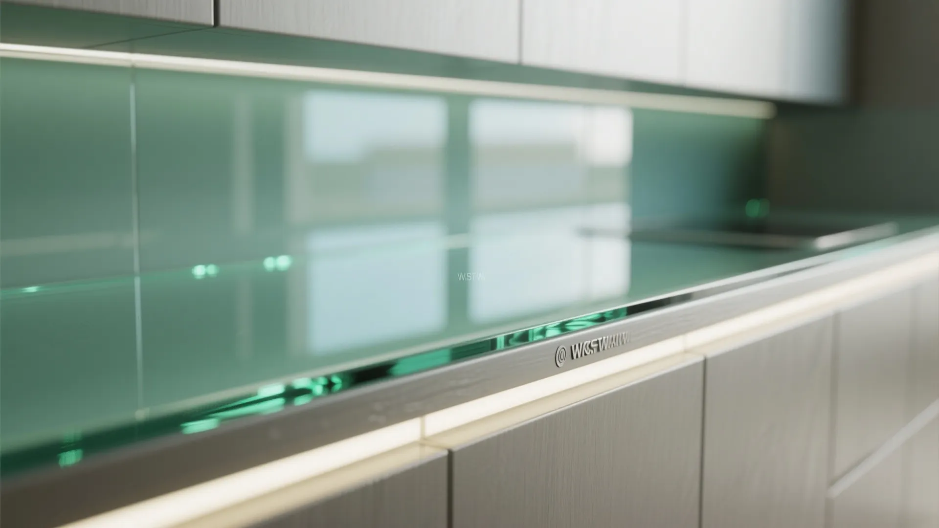 Close up of a green glass countertop with integrated led lighting under sleek kitchen cabinets