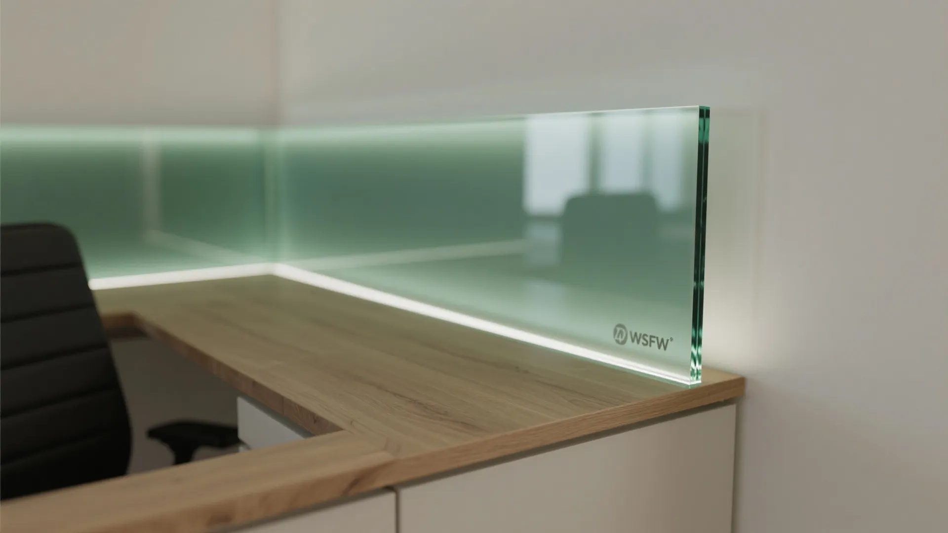 Macro detail of low-iron glass backsplash with soft LED glow above an oak desk.