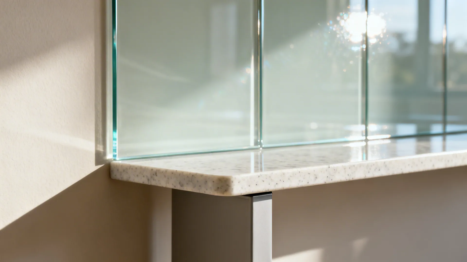 Close-up of low-iron tempered glass backsplash with polished edge behind a side stand.