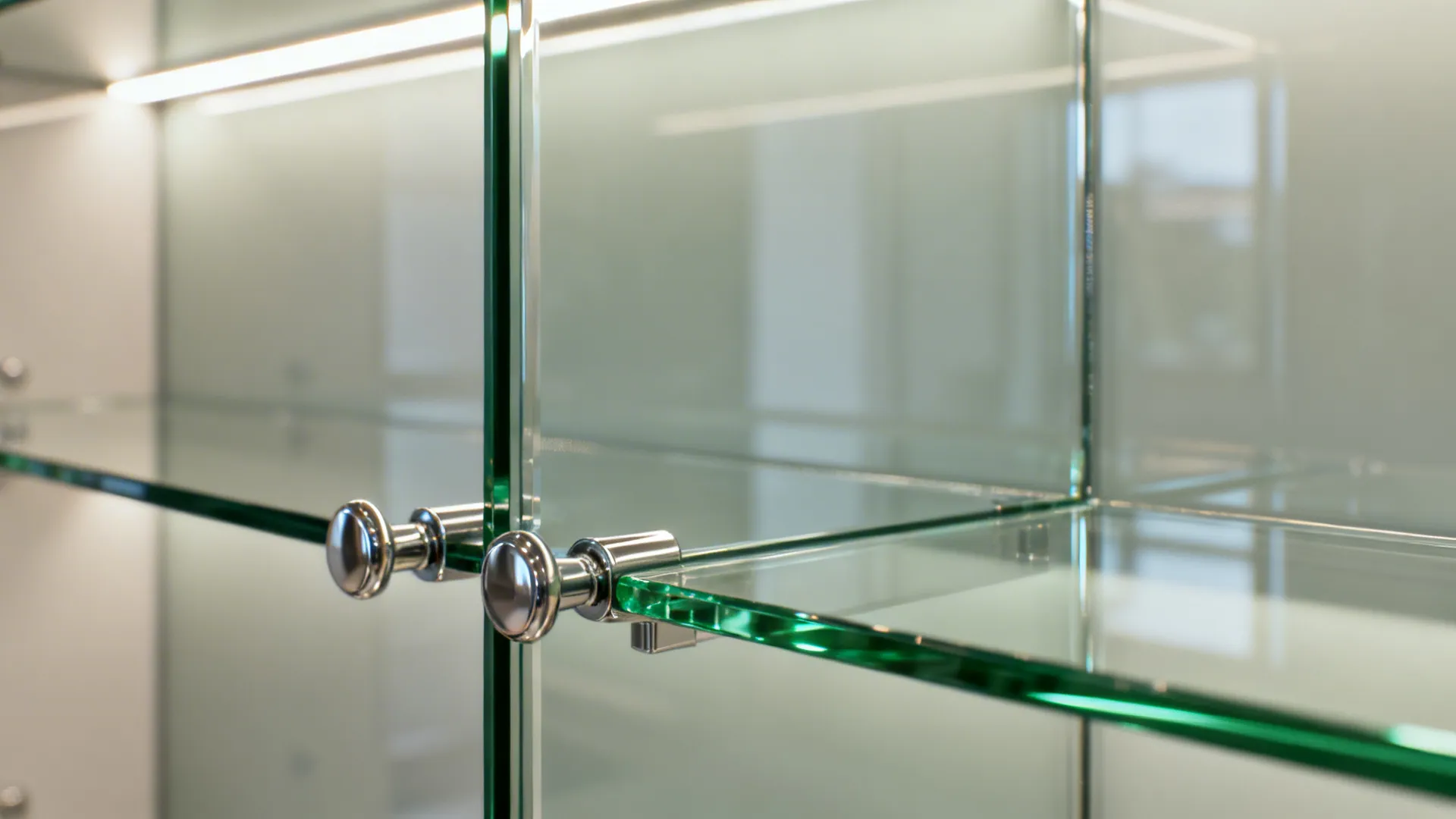 Macro of low-iron glass cabinet and glossy backsplash with clean, neutral reflections.