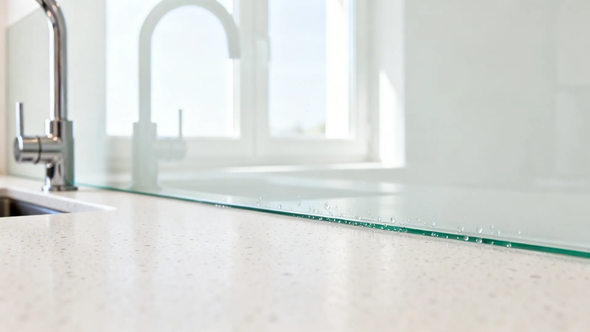 Close up of clear glass edge with water drops on white stone kitchen counter top