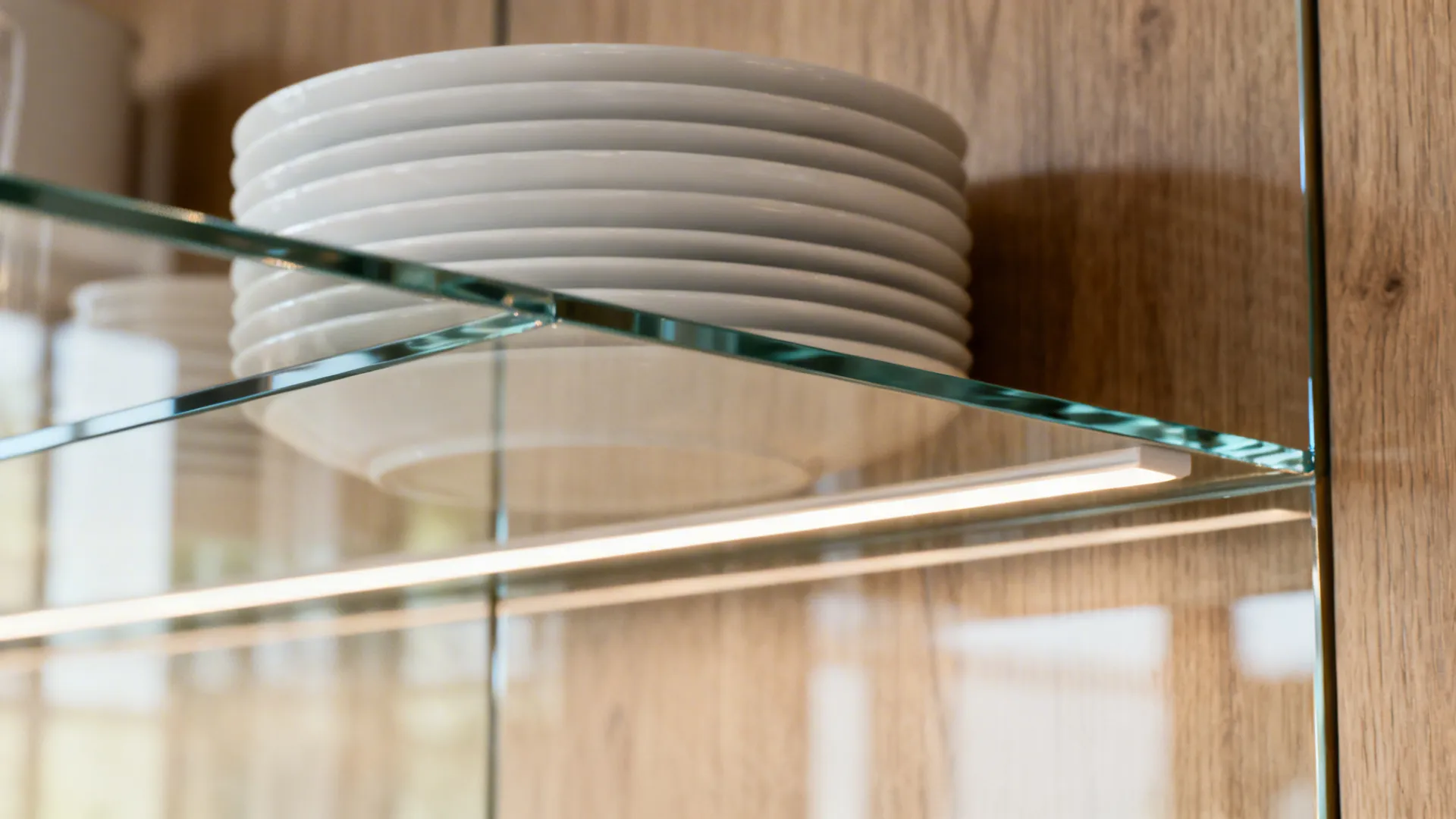 Macro of low-iron glass backsplash reflecting white plates with an under-shelf LED diffuser.