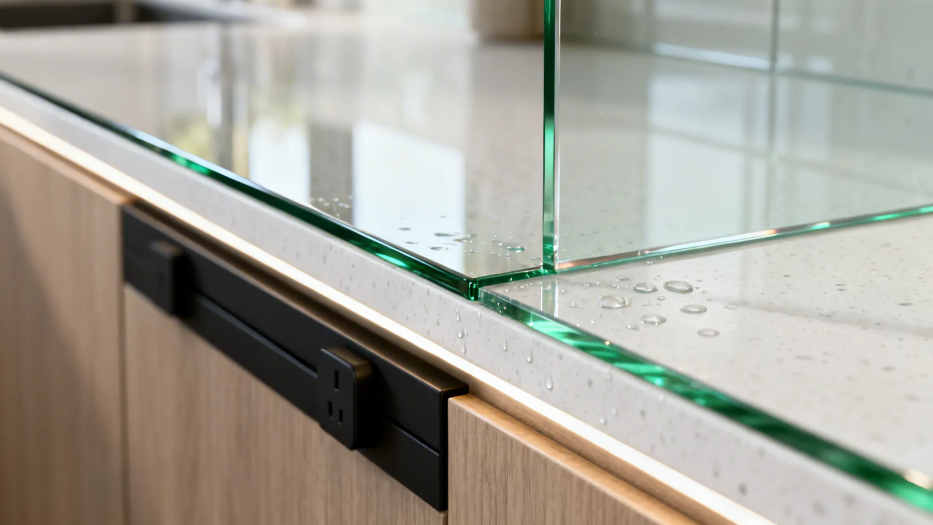 Macro of a low-iron glass backsplash with polished edge above white countertop