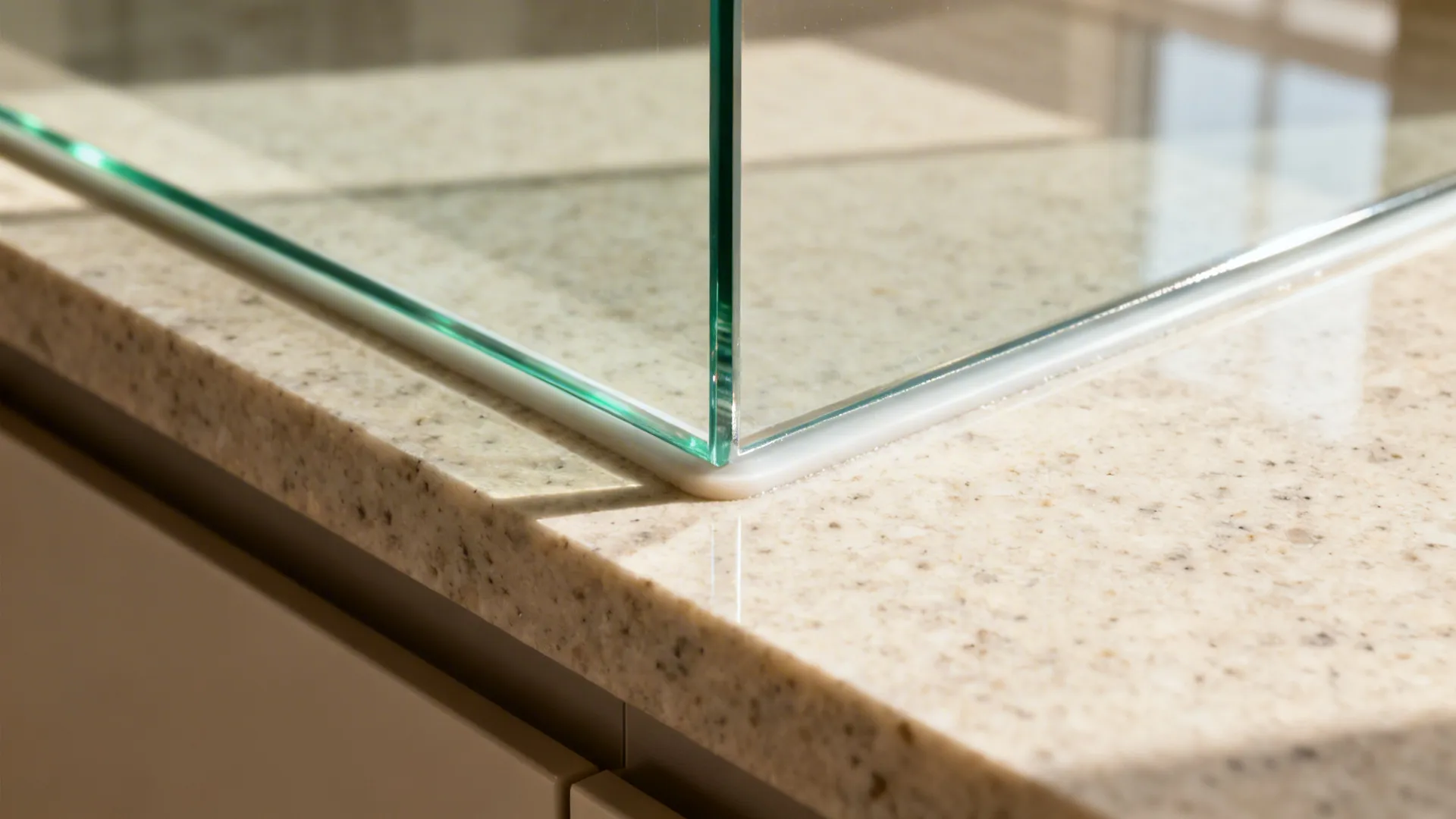 Macro detail of a clear low-iron glass backsplash edge above a quartz counter.