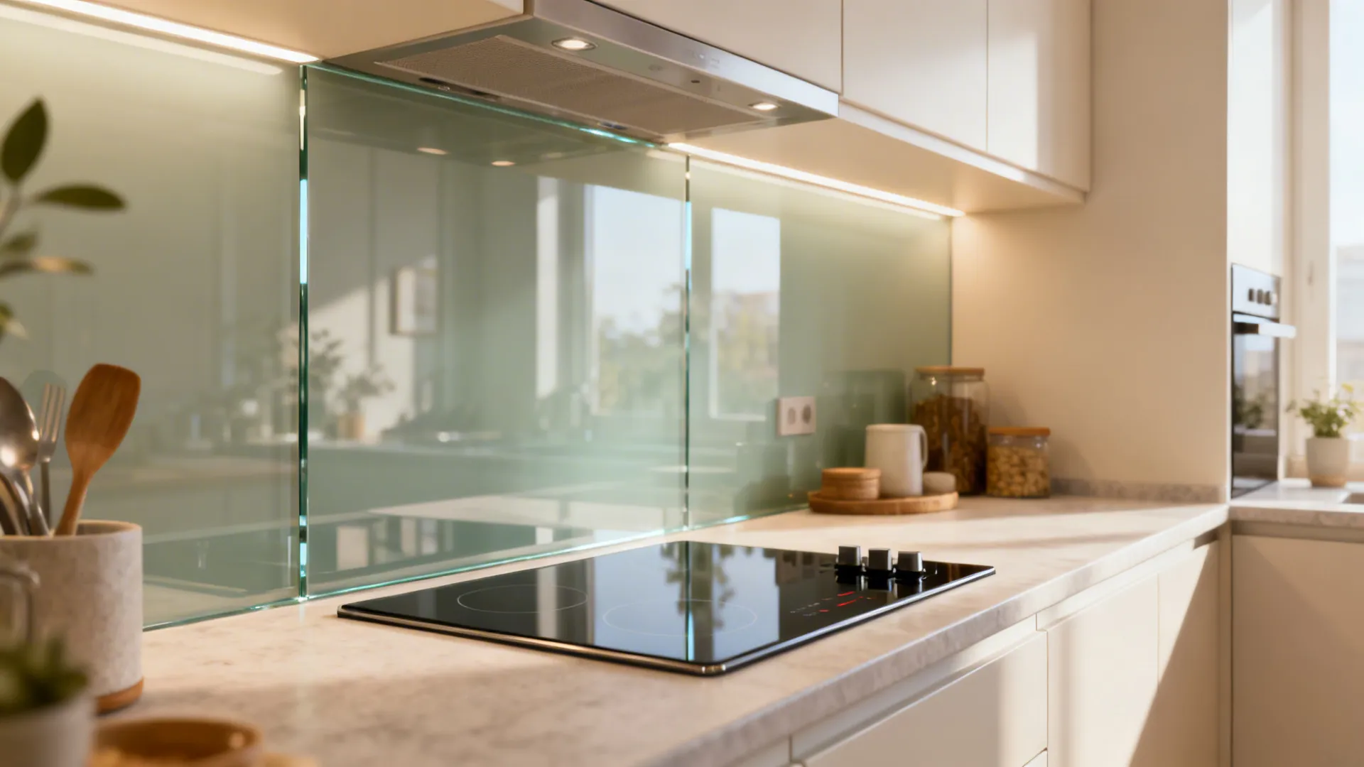 Modern kitchen with black electric stove white marble countertop and light green glass wall panel