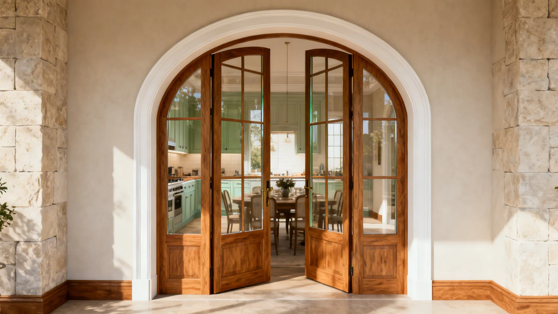 Arched double doors with low-iron glass and oak trim open between a bright kitchen and a warm dining room.
