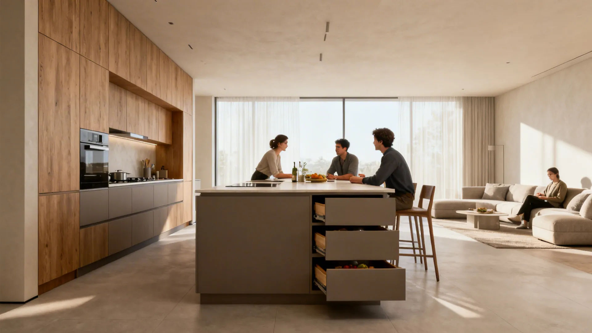 1. Seamless Sightlines with a Low Island