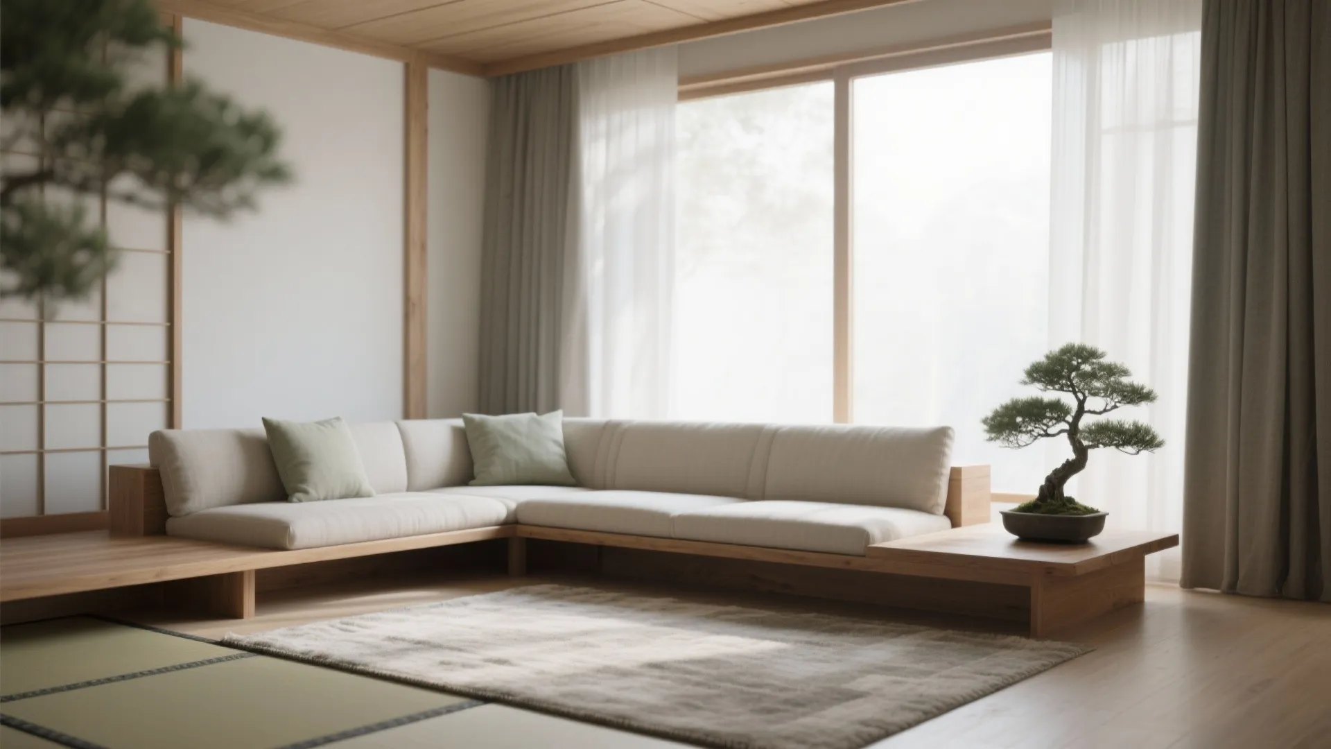 Japanese style living room with low wooden sofa beige cushions small bonsai tree and large windows