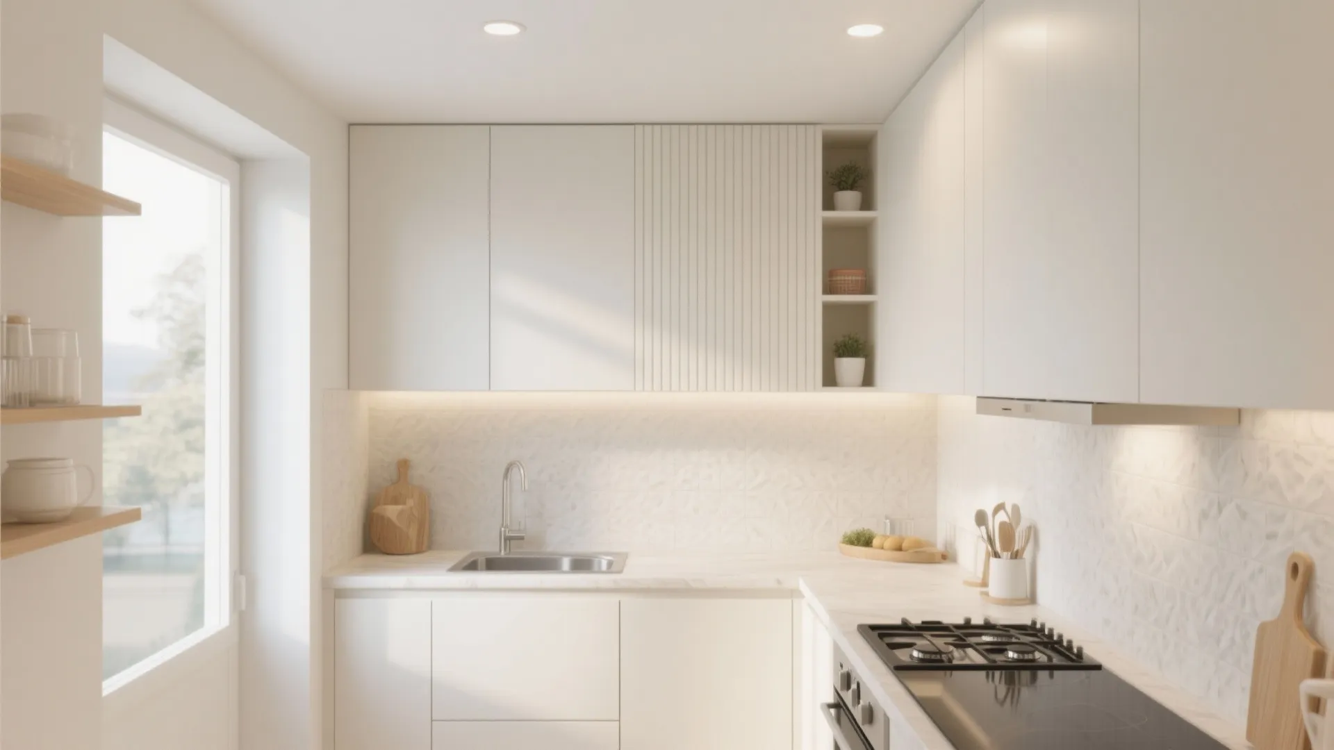 Modern white kitchen design with marble countertop wooden shelves gas stove and bright natural light