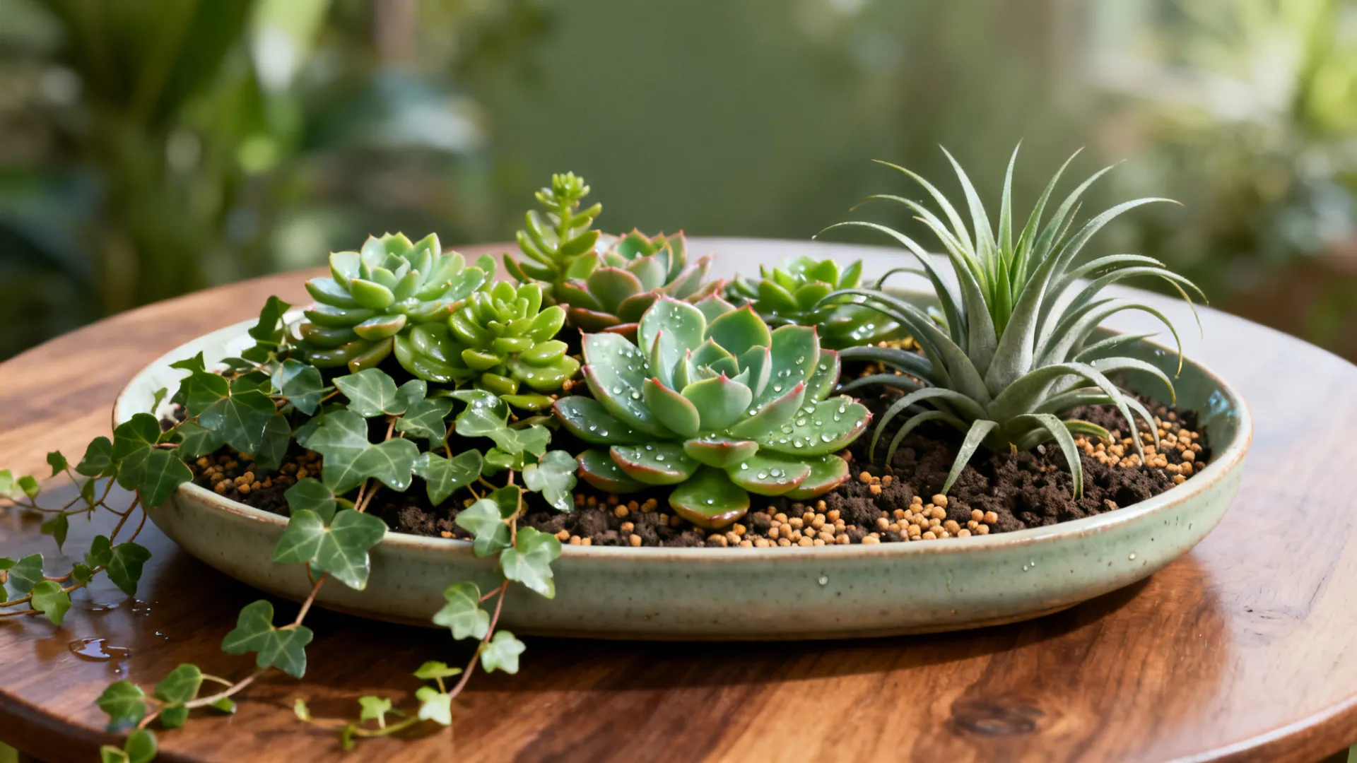 Shallow ceramic tray with succulents, trailing ivy and an air plant as a low centerpiece.