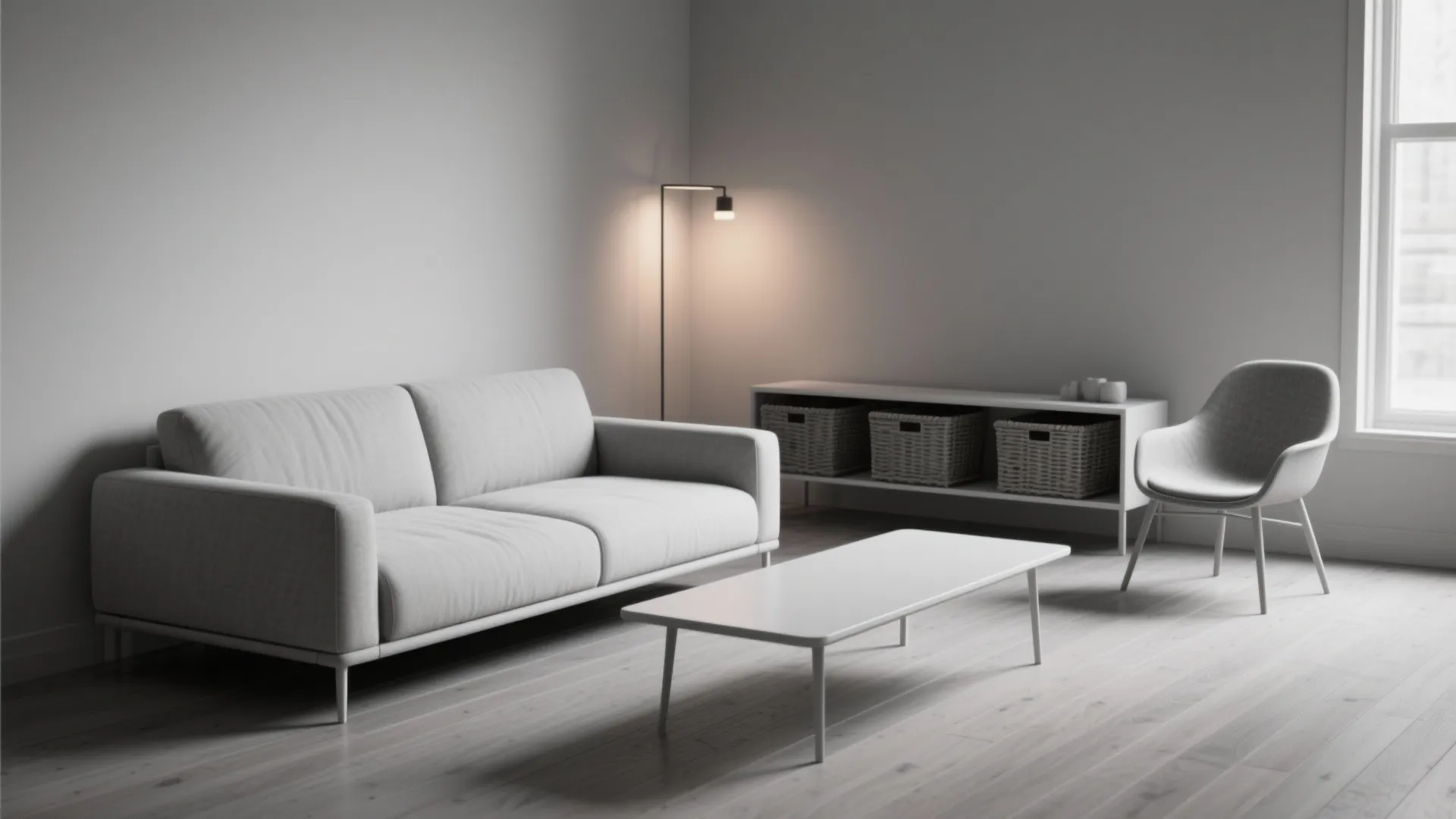 Minimalist living room with grey sofa white coffee table floor lamp and a small chair
