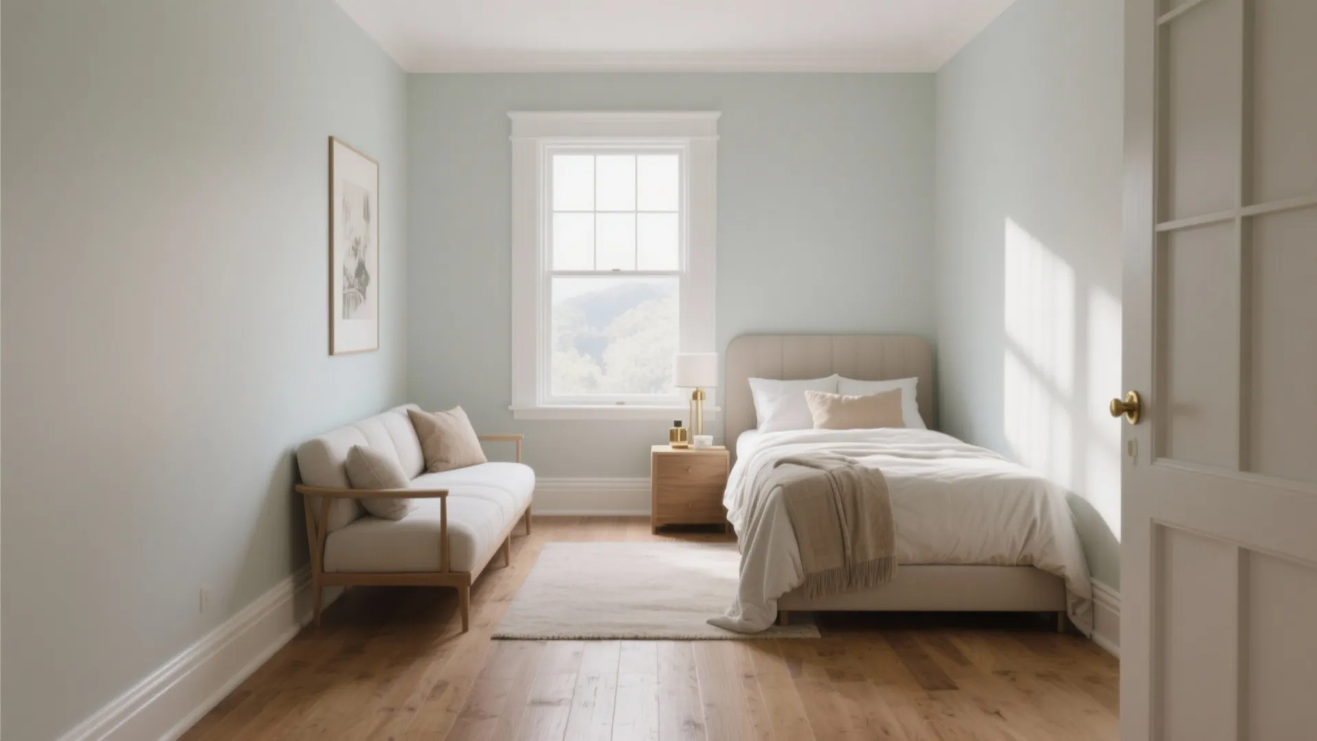 Small bedroom with light blue walls single bed white sofa wooden floor and a large window