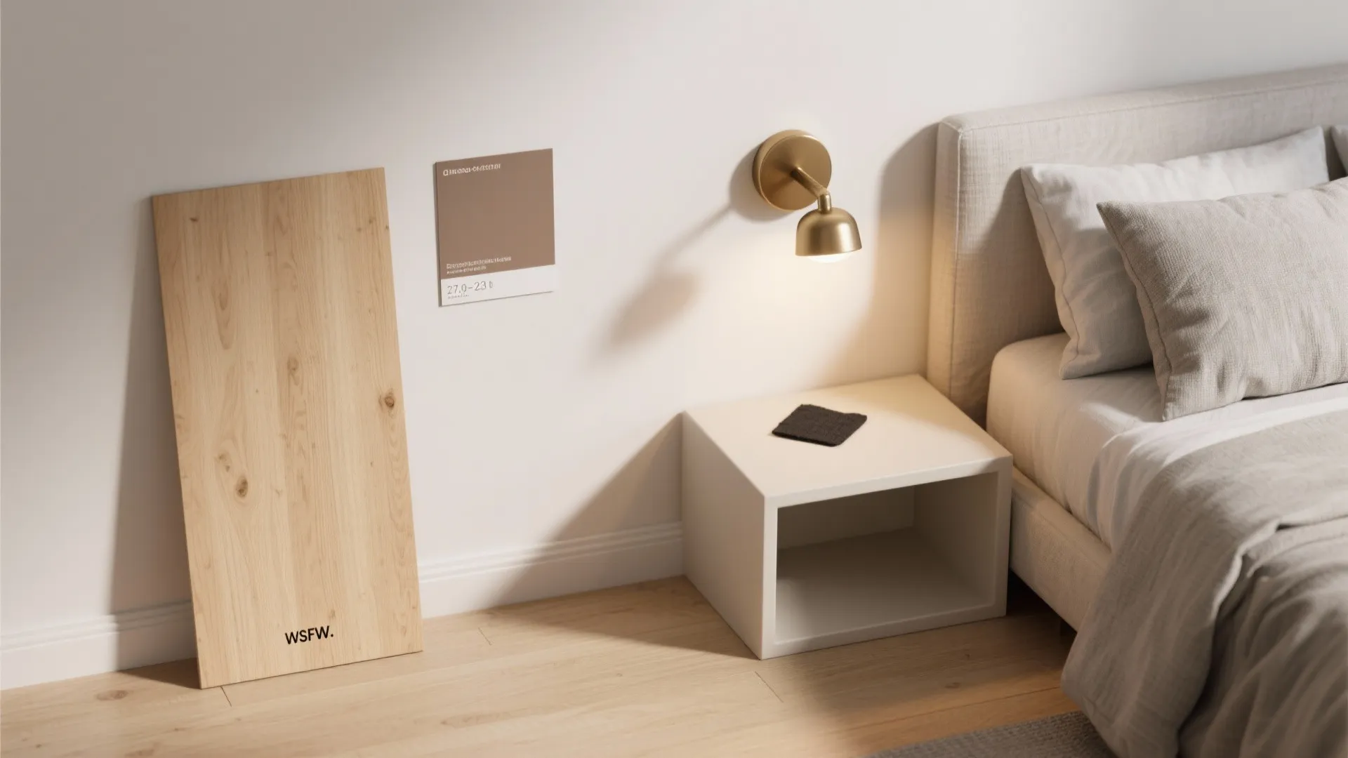 Modern bedside area featuring gold wall light, white nightstand, wood sample board, and paint swatch