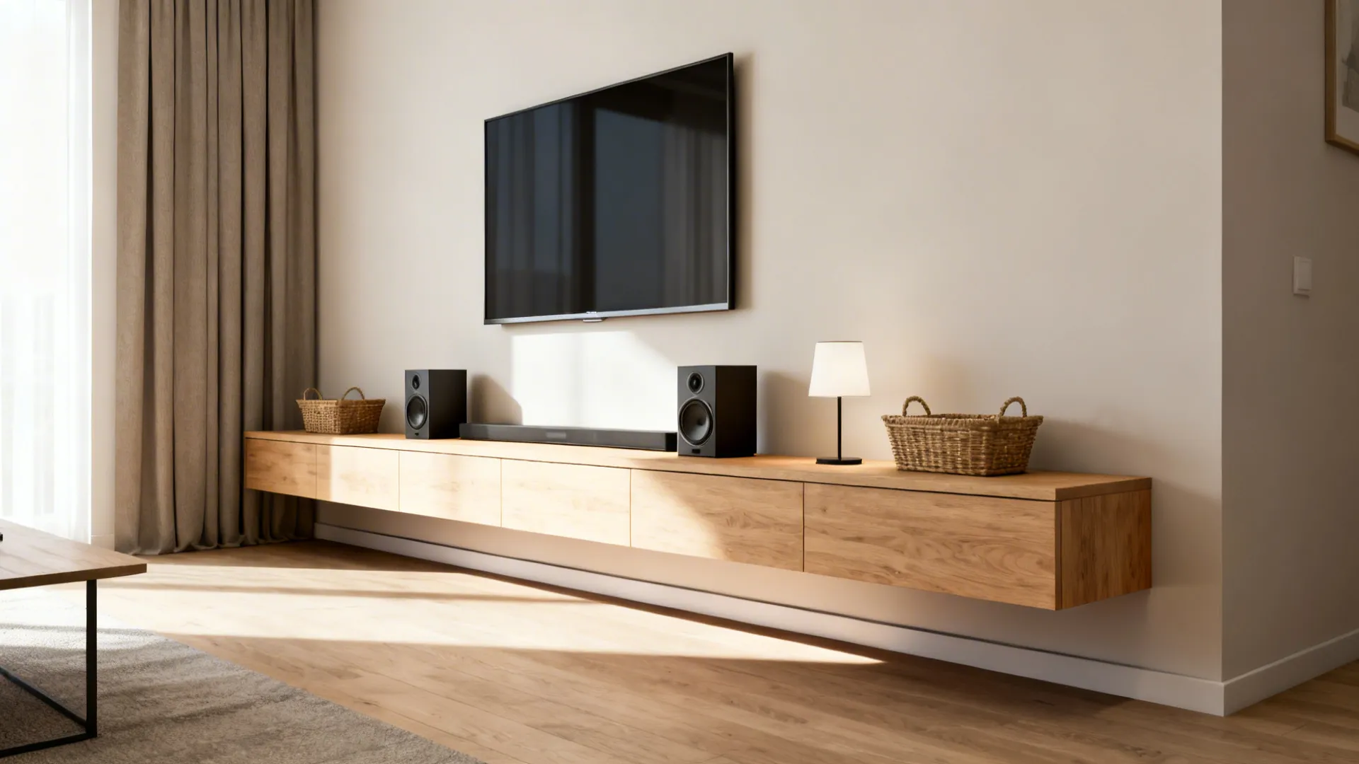 Slim wall-mounted TV above a long low media bench that visually widens a narrow room.