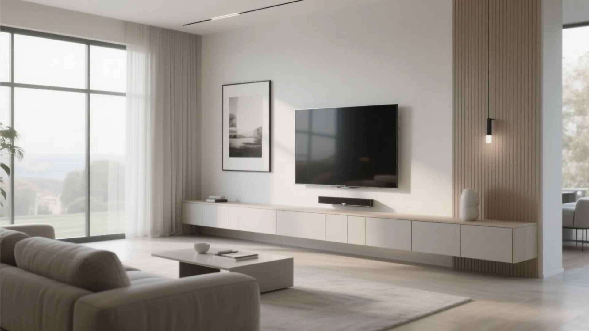 Low-line cabinet under a wall-mounted TV in a modern living room