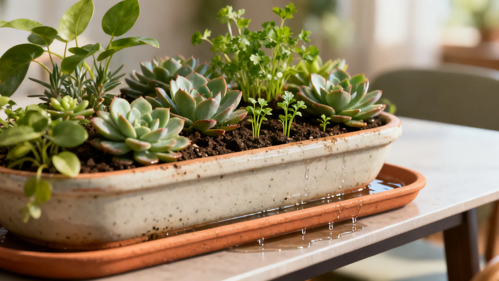 Shallow trough planter with succulents and herbs on a dining table with a tray catching drips.