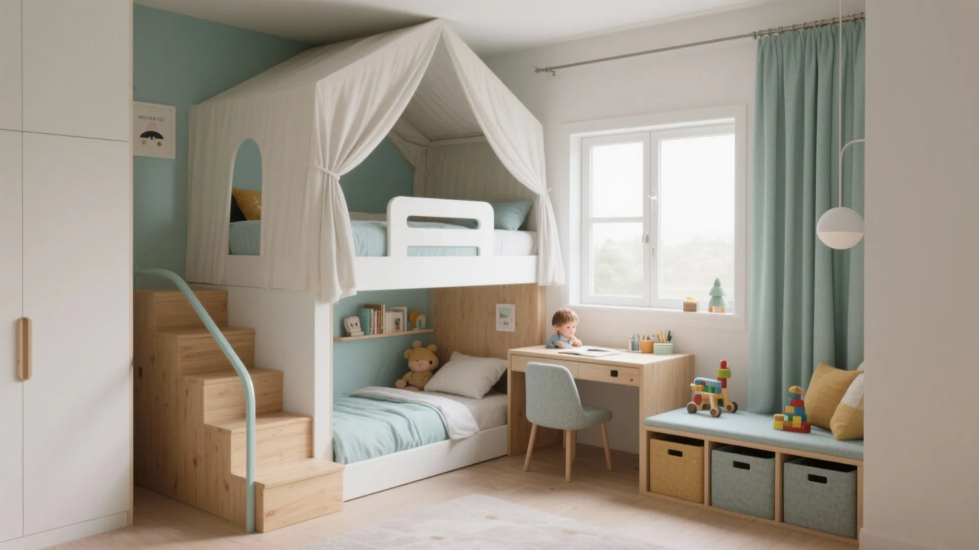 Modern kids room with white tent bunk bed wooden desk blue chair and storage bench
