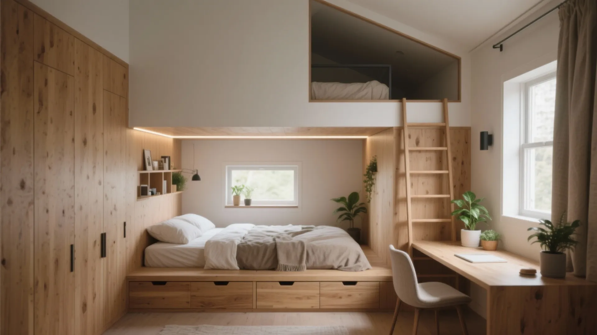 Small bedroom interior design drawing with a wooden bed desk ladder and an upper floor area