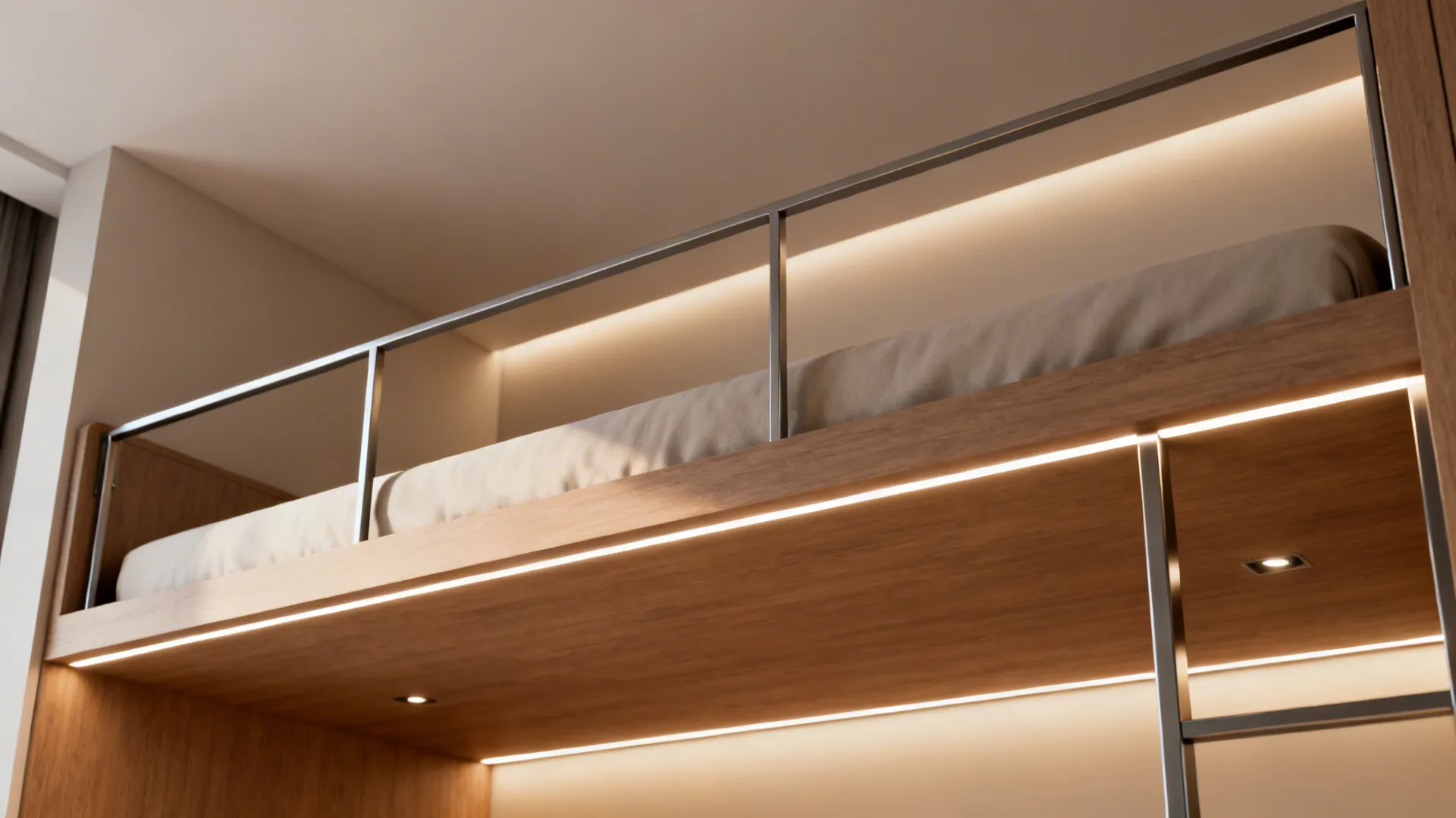 Low-loft bunk with thin open rail and recessed LED lighting creating an airy feel