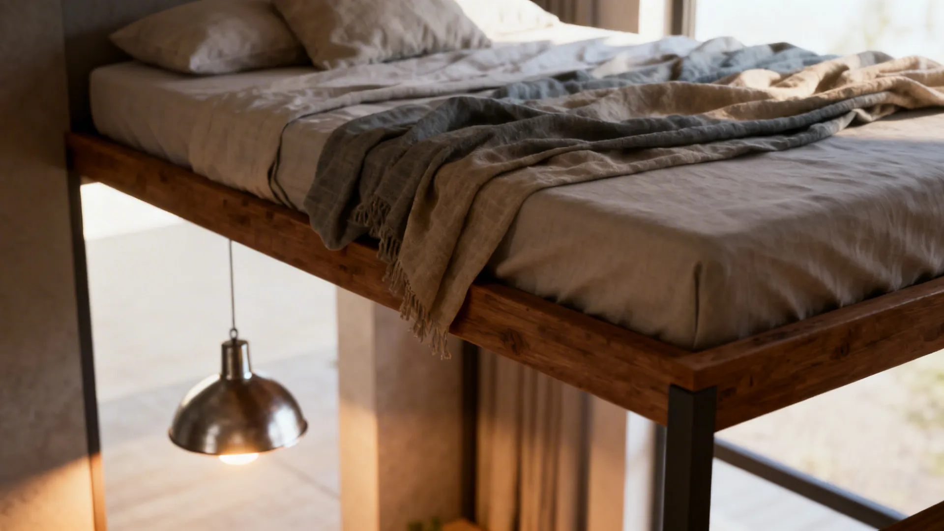 Low-profile loft with suspended pendant lighting creating layered, atmospheric light.