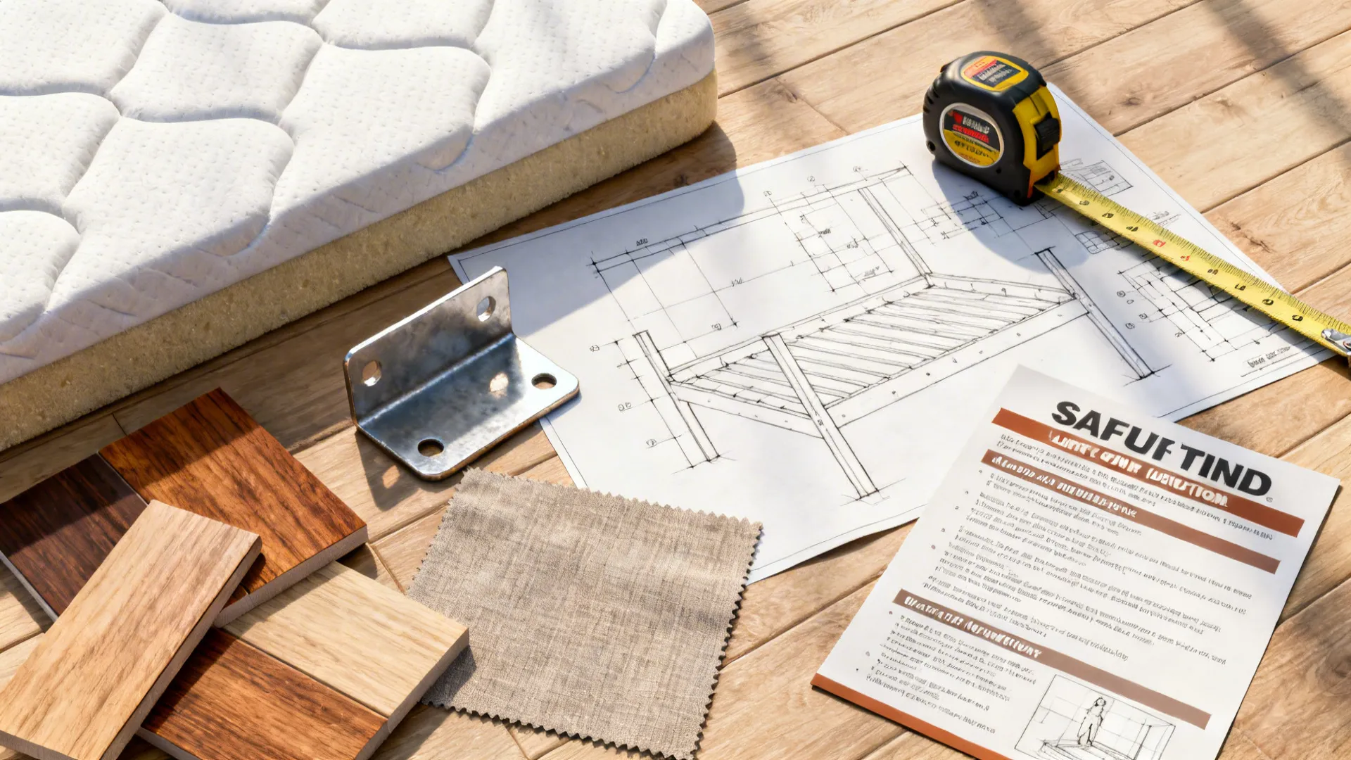 Top-down flatlay of materials and sketches for planning a low loft bed project.